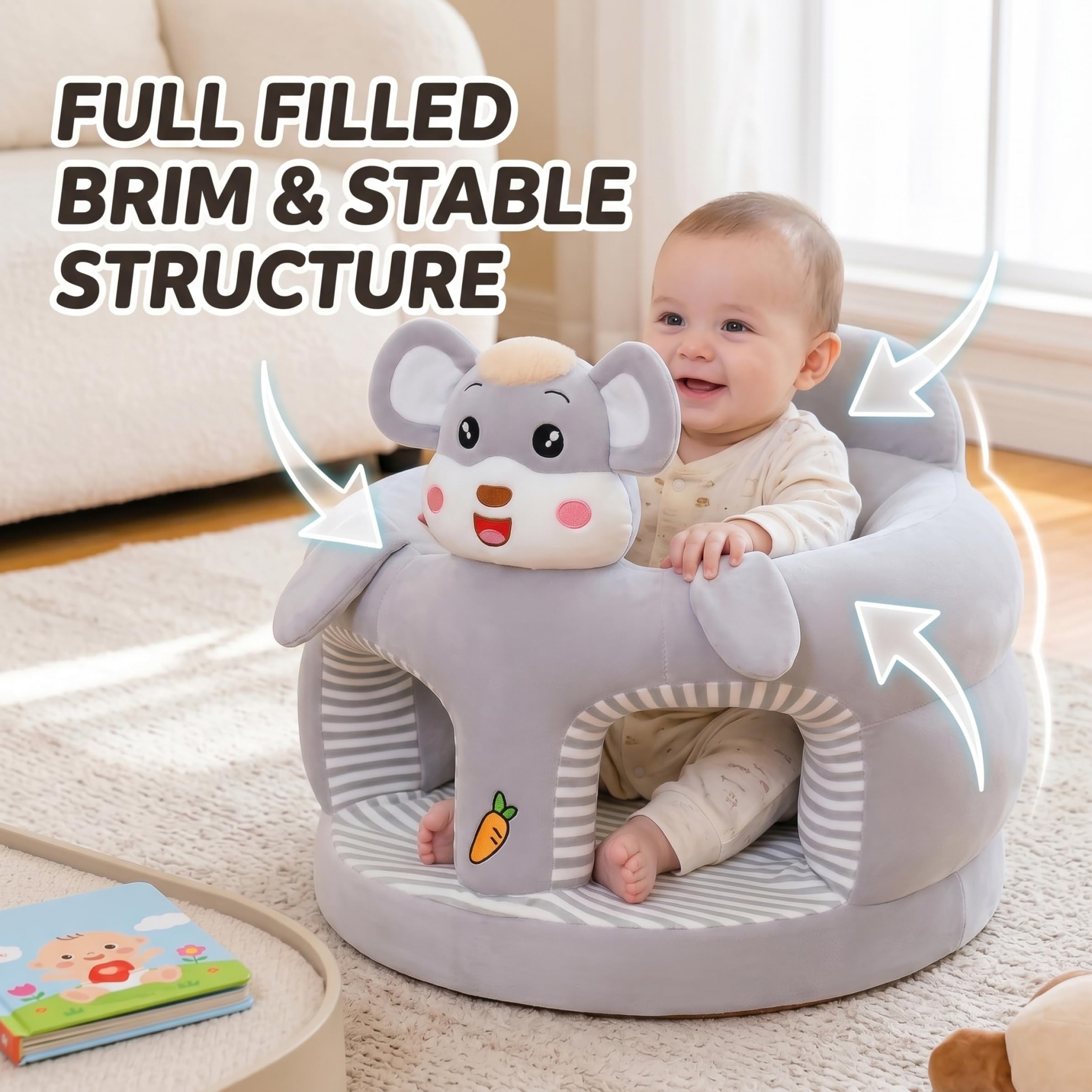 Silla para sentarse para bebé, asiento de suelo con dibujos animados bonitos para sentarse para bebé, soporte para suave y agradable para la piel, gris
