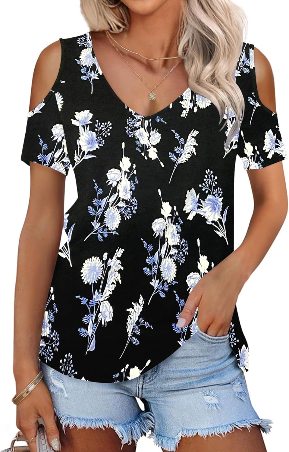 WNEEDU Magliette Donna Estive Manica Corta T Shirt con Scollo a V Senza Spalline Top Maglia Elegante