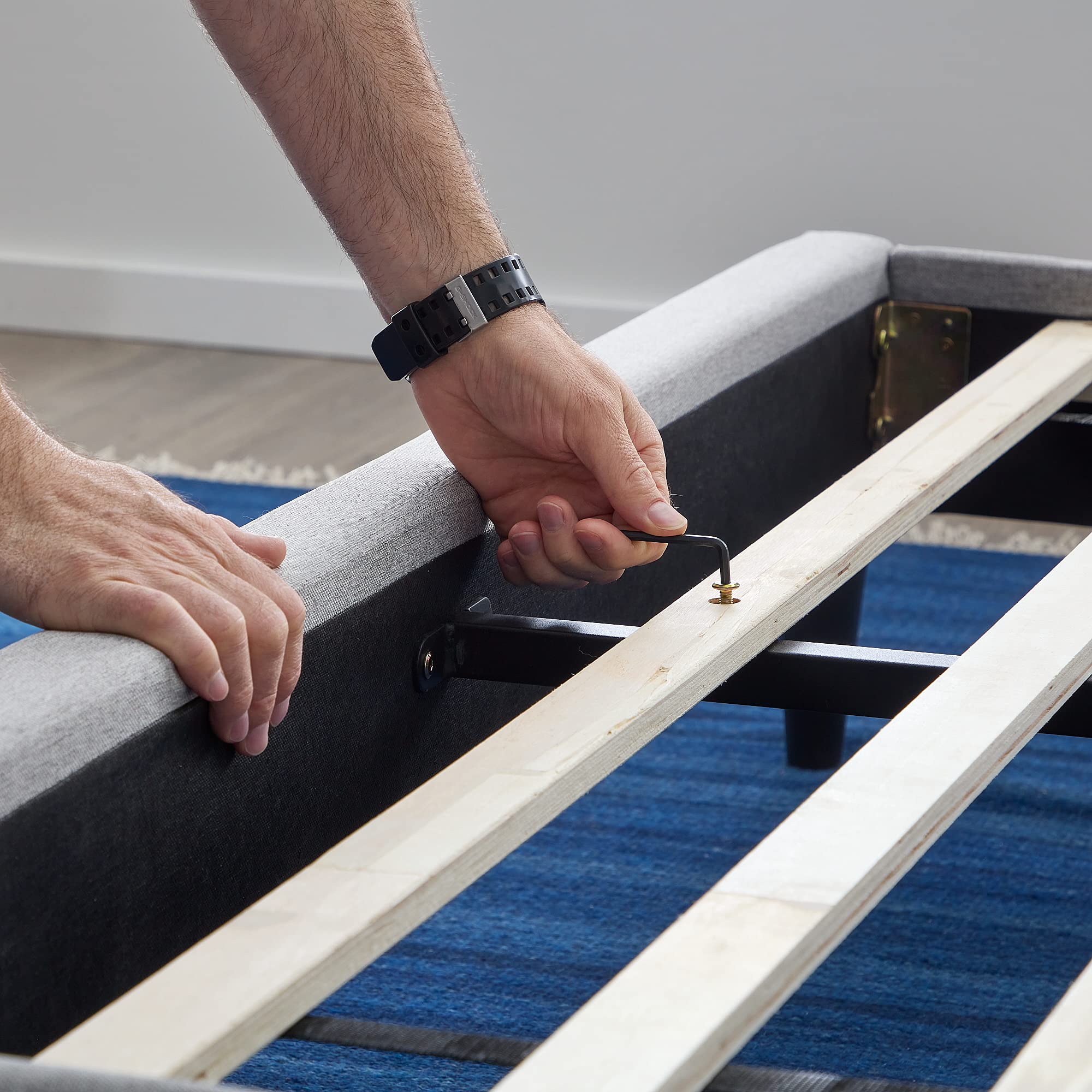 Lucid Twin Bedframe with Vertical Channeled Headboard — Upholstered Platform Bed — Easy Assembly — Twin Size — No Box Spring Needed — Stone Color