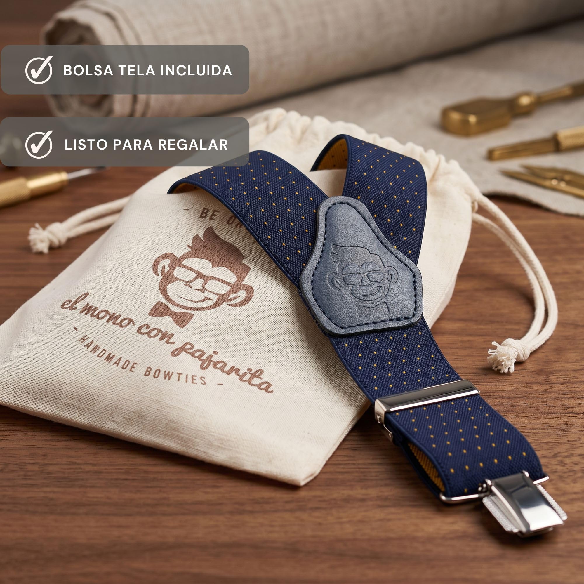 Tirantes Hombre Lunares Hechos a mano. Tirantes para pantalones hombre con 3 pinzas extrafuertes. Elásticos originales, con Estilo y Durabilidad.