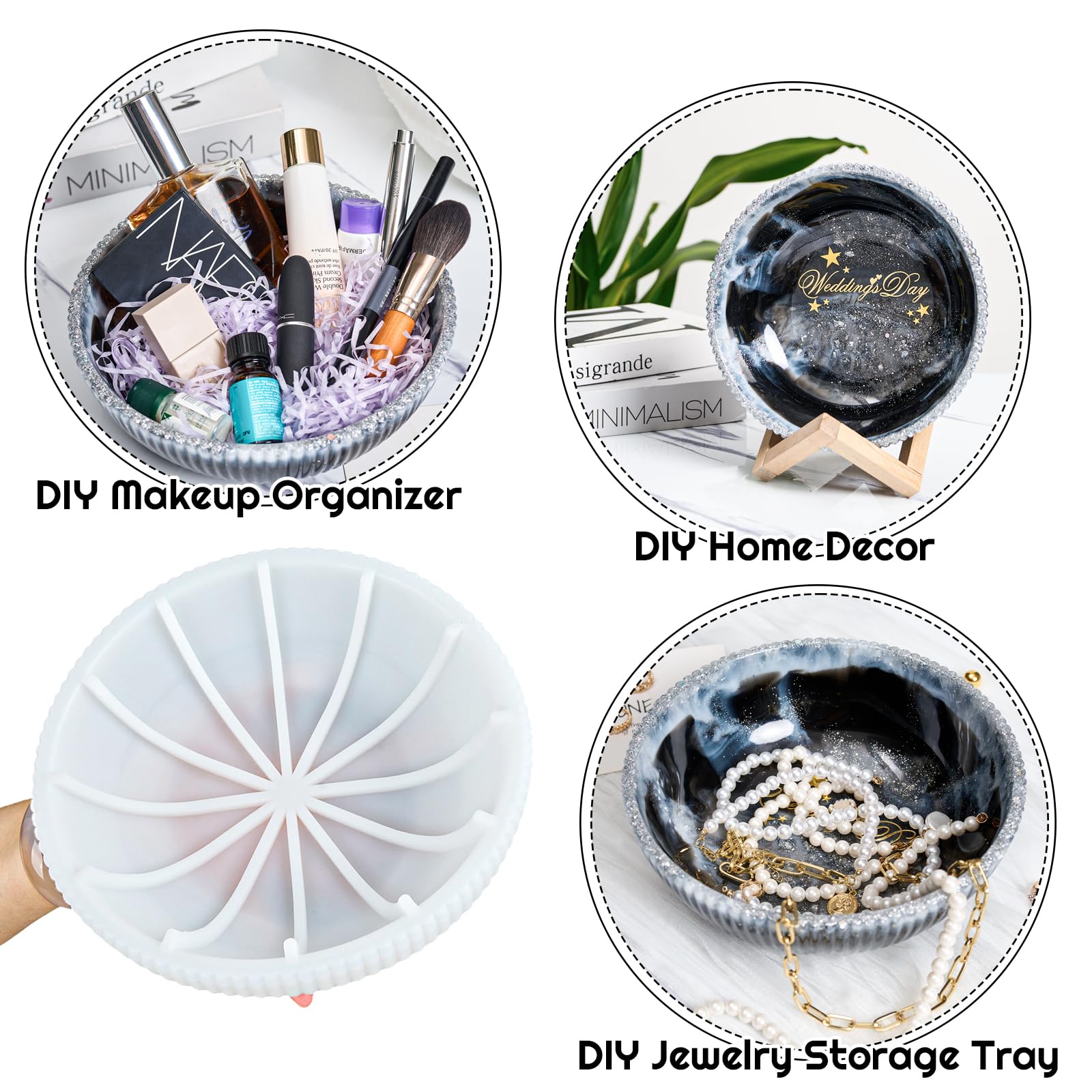Lot de 2 grands moules en résine en silicone - 25,4 cm - 20,3 cm - Rond à rayures profondes - Moule en résine époxy pour béton - Pour pot de fleurs, bijoux, maquillage, bougies, loisirs créatifs