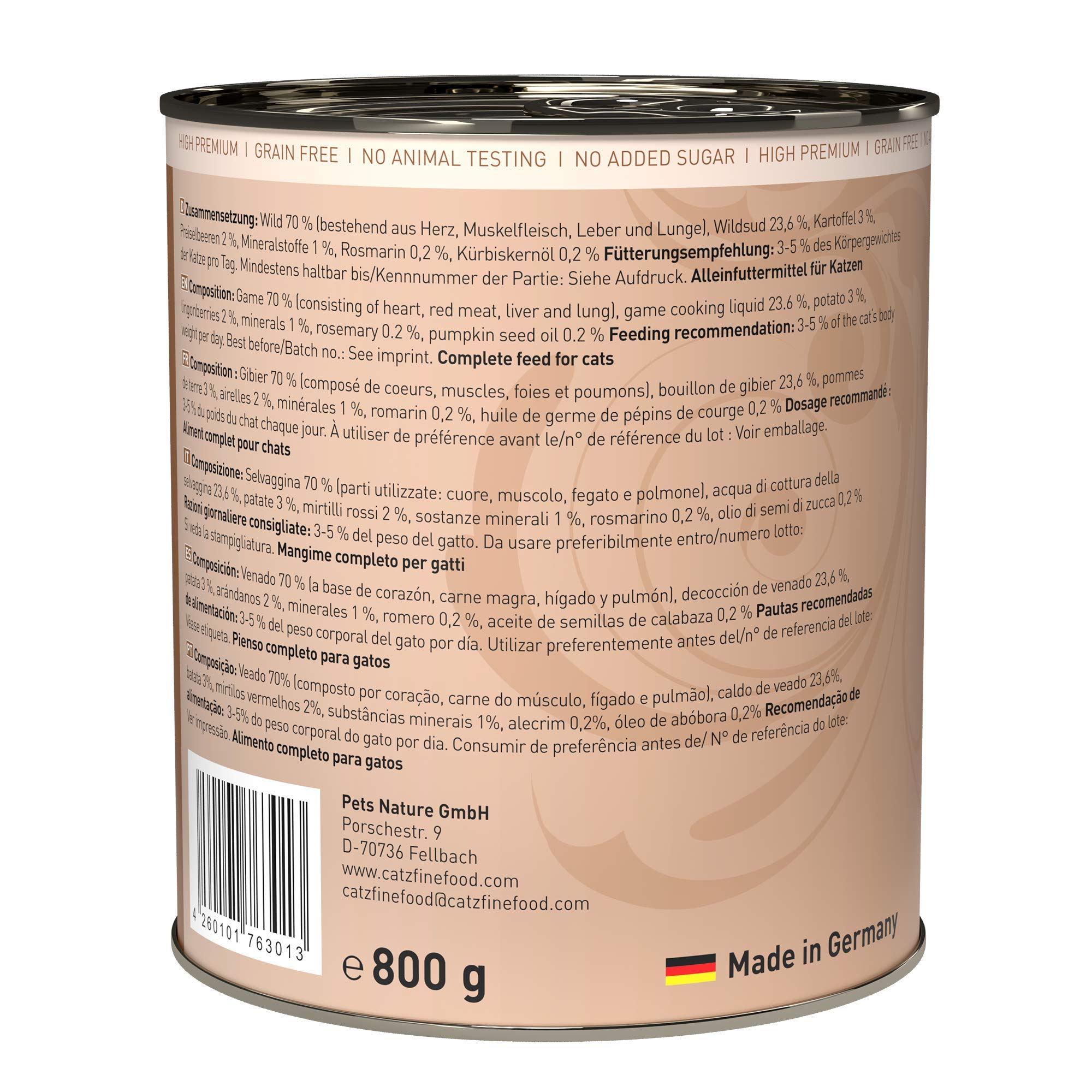 catz finefood N° 9 Wild delikatesowa karma dla kotów mokra, rafinowana z ziemniakami i żurawiną, 6 x 800 g puszek