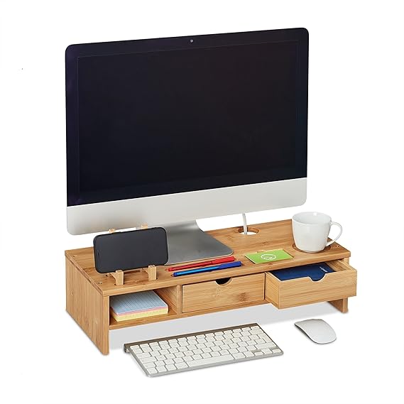 Supporto Monitor Con Ripiano Relaxdays - Base Rialzata Per PC, Organizer, Nero, 28x75.5x20cm - Foto 11