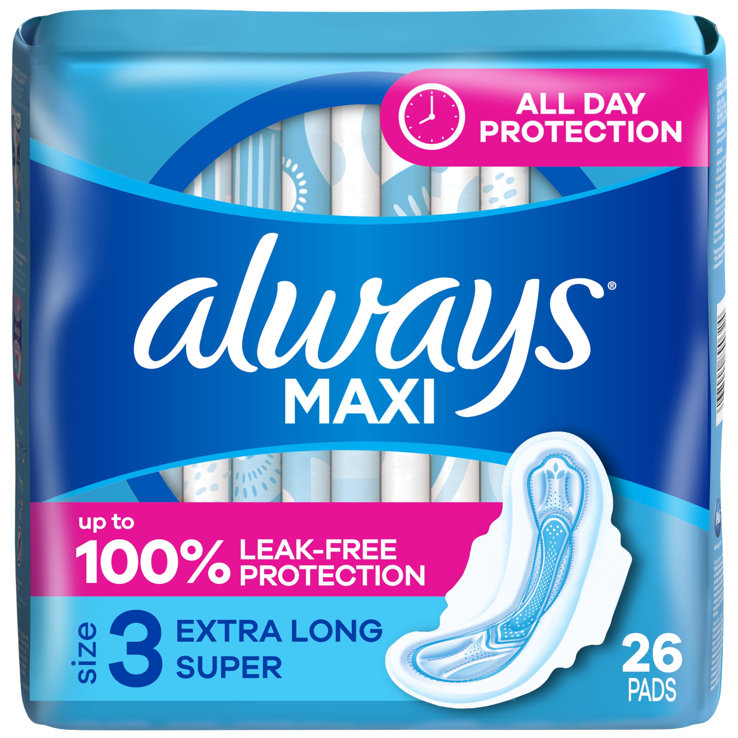 Maxi Size 3 Extra Long Super Pads with Wings Unscented, 26 Count