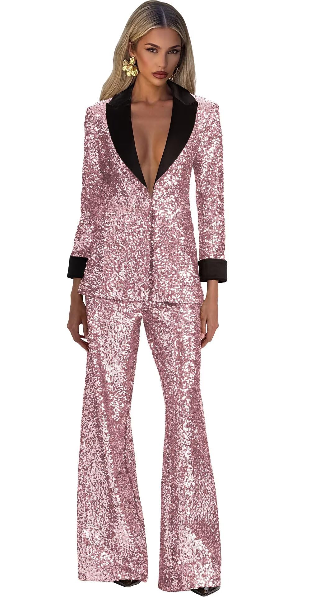 Sequin Suits for Women 2 Piece Peak Lapel Prom Tuxedo Sparkly One Button Formal Pants Suit for Wedding