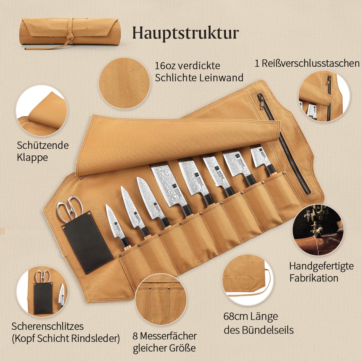 XINZUO Messertasche 78,5cmx41,5cm, Profi Koch Rolltasche, Universal Etui für Koch 8 Slots, 16oz verdickte Leinwand, können Küchenwerkzeuge halten, tragbare Messer-Werkzeugtasche (nur Tasche)