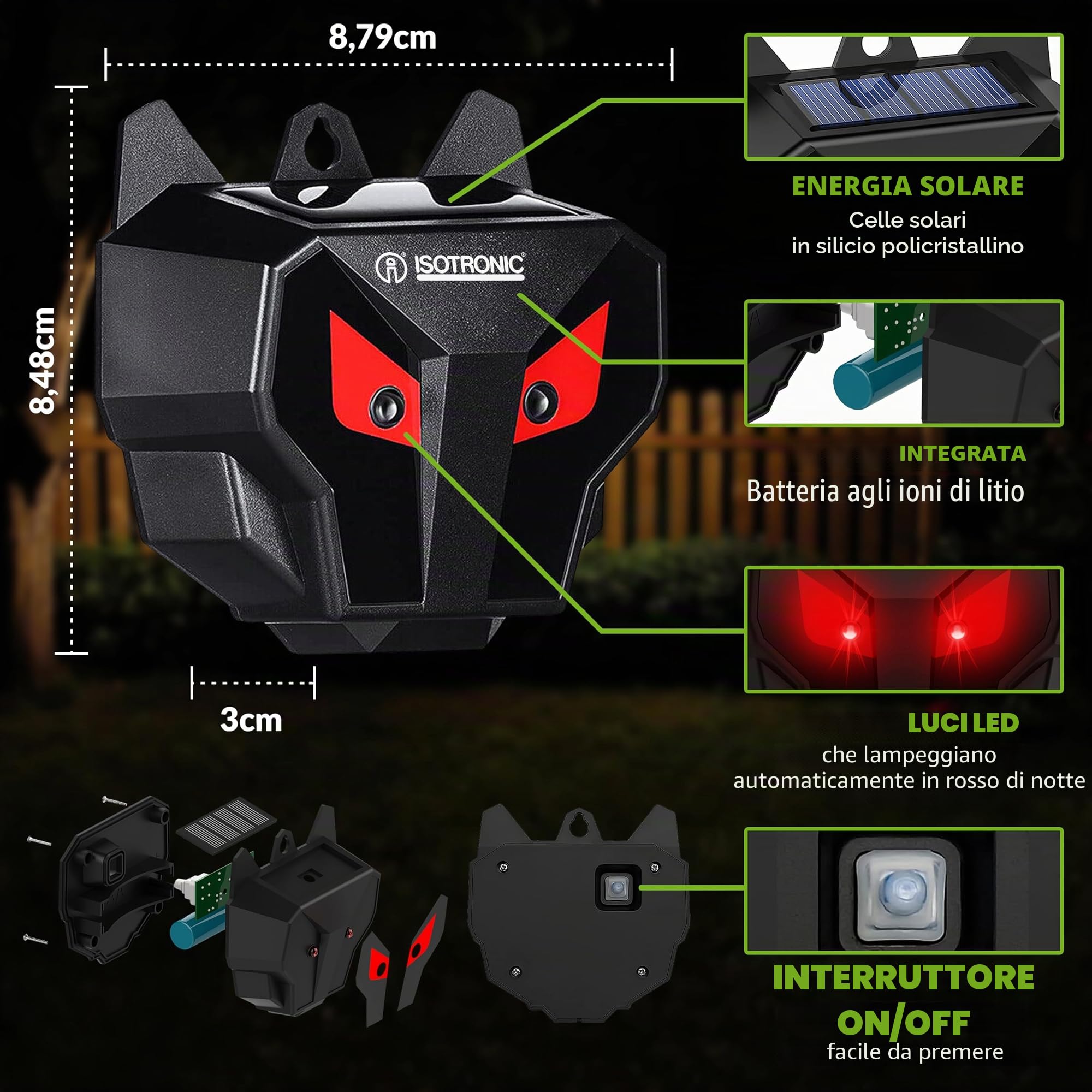 ISOTRONIC Repellente Solare Animali Selvatici LED Rosso, Dissuasore per Procioni Cervi Volpi Cinghiali, Raggio d'azione 40m², Deterrente Efficace Esterno e Giardino, Protezione Sicura (3 Unità)