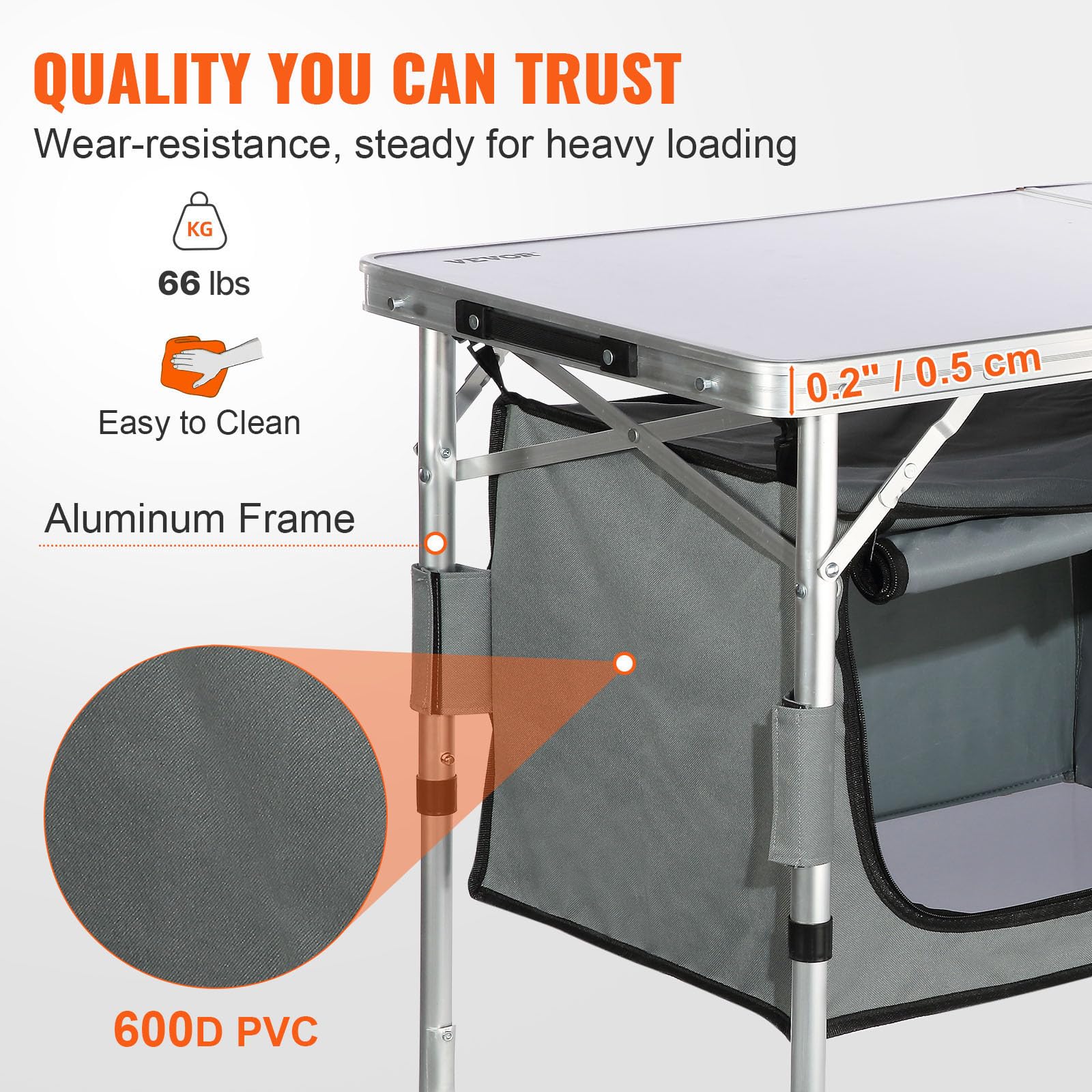 VEVOR Kuchnia kempingowa 120 x 47 x 70 cm składana szafka kempingowa struktura aluminium duży blat meble kuchenne regulowana wysokość 2 przedziały z uchwytem do przenoszenia grilla piknik ogrodowy