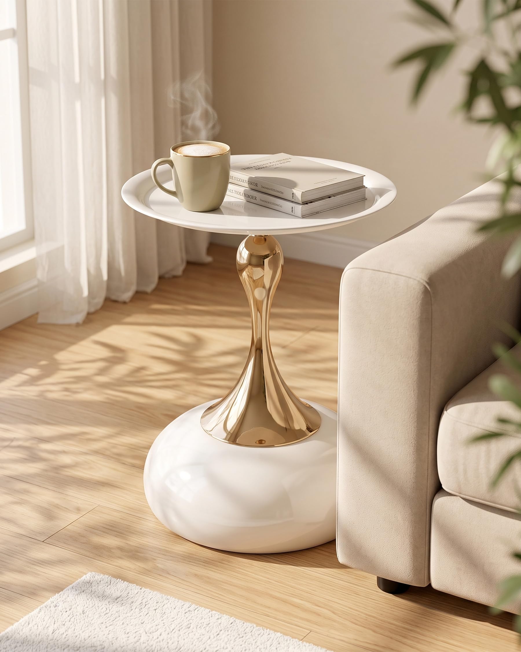 Couchtisch Beige Gold, Kleiner Couchtisch Rund Modern, Metall Beistelltisch Rund Gold, Luxus Nachttisch Kaffeetisch für Wohnzimmer Schlafzimmer Balkon, Ø40CM, 2 Stück