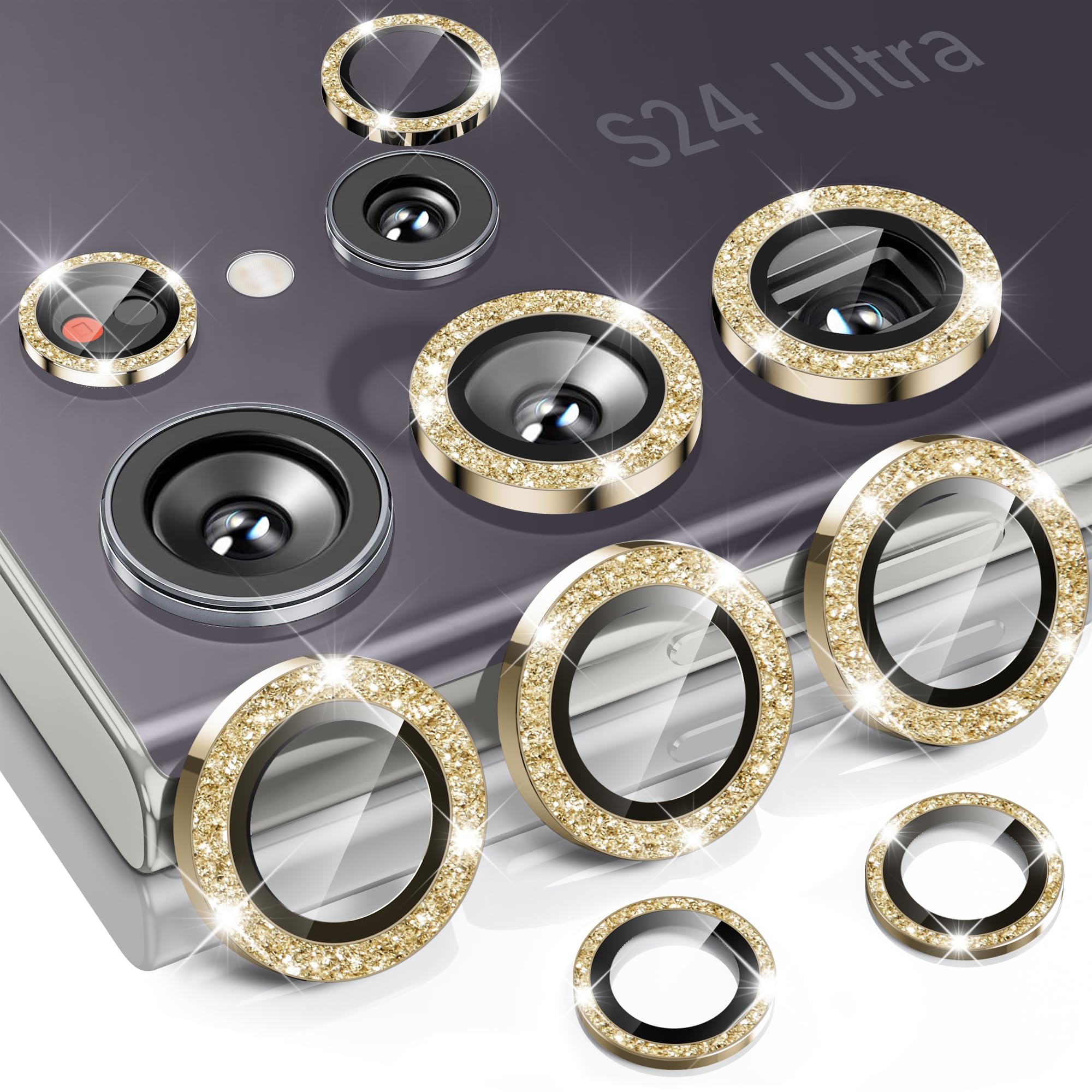 Hoerrye for Samsung Galaxy S24 Ultra Camera Lens Protector, Case-Friendly, Ultra-HD 9H Tempered Glass Screen Protector, Anti-Scratch, Space Titanium Military-Grade Drop Protection, Glitter Gold