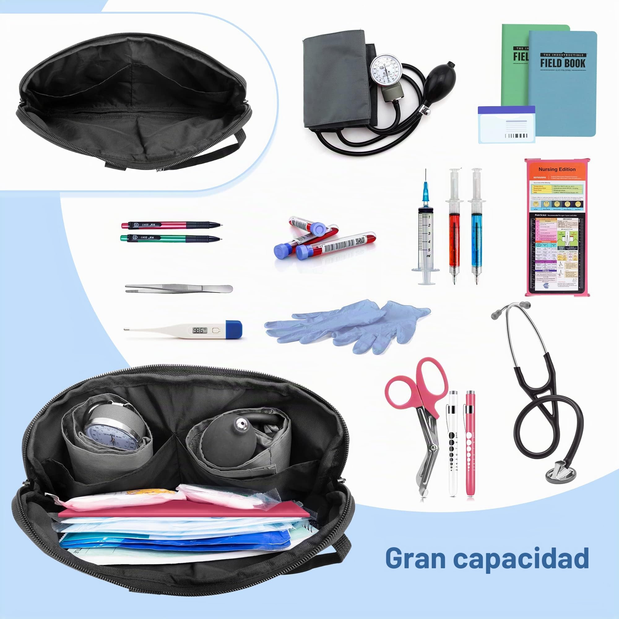 Trunab Riñonera Enfermera Multifuncional con 12 Bolsillos para Estetoscopio, Soporte para Cinta, Cinturón Ajustable, Bolsa Organizadora Médica para Enfermera y Estudiante de Enfermería, Negro