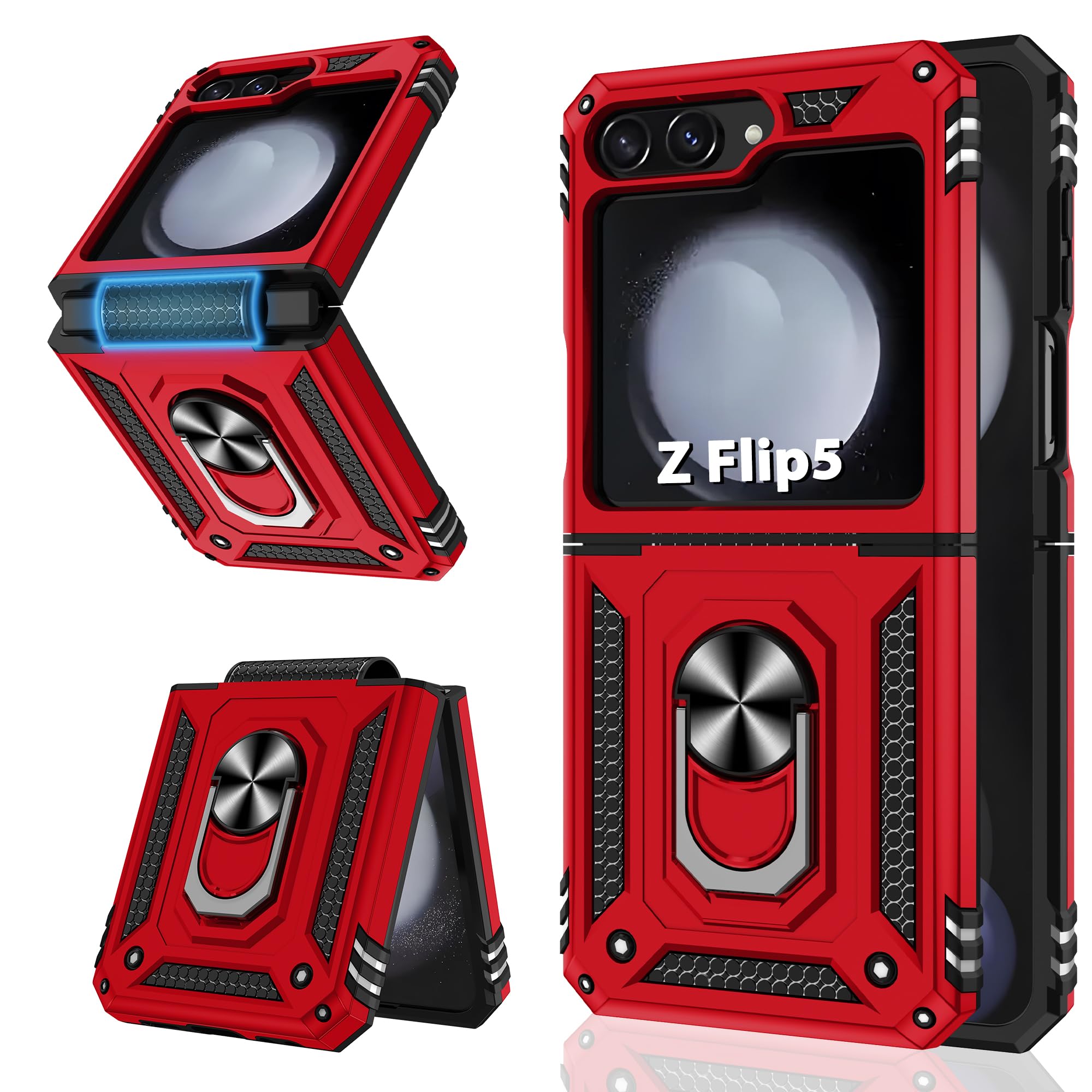 Photo 1 of ATUMP for Galaxy Z Flip 5 Case with Hing Protection, Heavy Duty 360°Ring Kickstand [Military Grade] Protective Hard PC Phone Cover for Samsung Galaxy Z Flip 5, Red