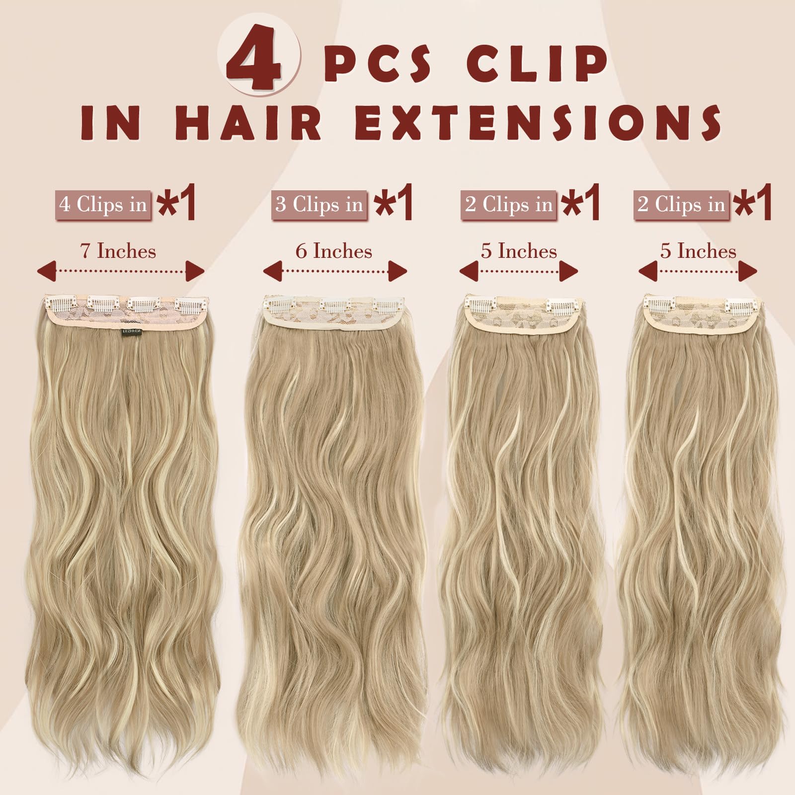 FESHFEN Clip in Hair Extensions for Women, 4 Pcs Thick Double Weft Long Wavy Soft Synthetic Blends Well Hair Extension - Image 2