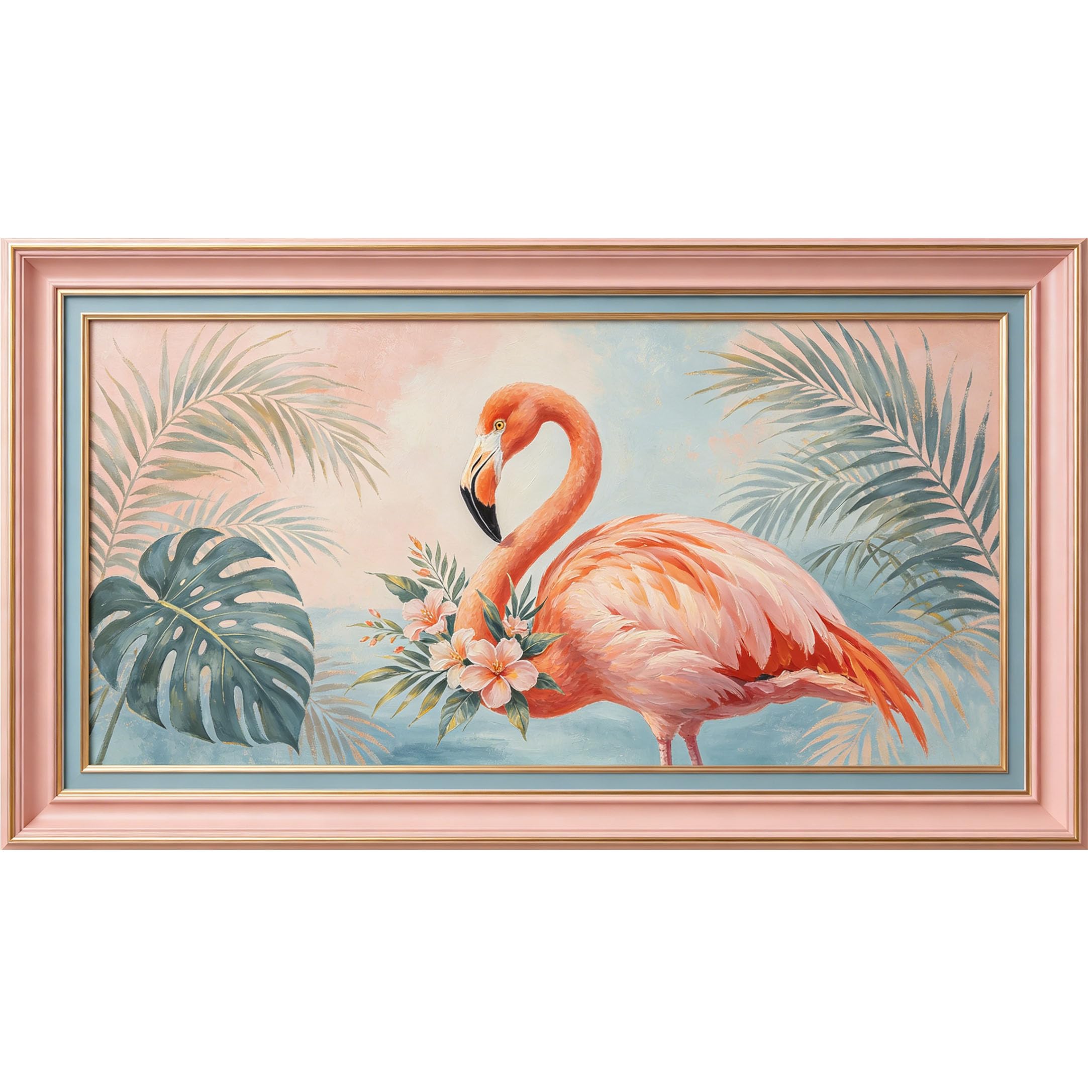 QZLITHOTIC 50x90cm3D Framed Wall Art， Tropical Flamingo Botanical Palm Leaves Self‑Adhesive Mural， Water‑Activated Peel & Stick Fabric Decor Wall Decal for Bedroom Living Room