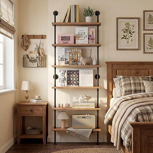 Pipe Industrial Shelves, Wall Mounted Wood Metal Ladder Rustic Bookshelf