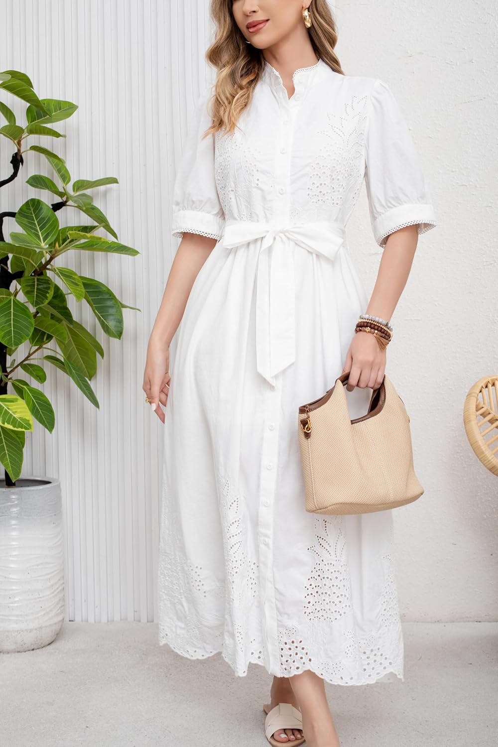 utcoco Women's Embroidered Eyelet Shirt Dresses Belted Puff Sleeve Button Down Swing Boho Cotton Maxi Shirt Dress - Image 7