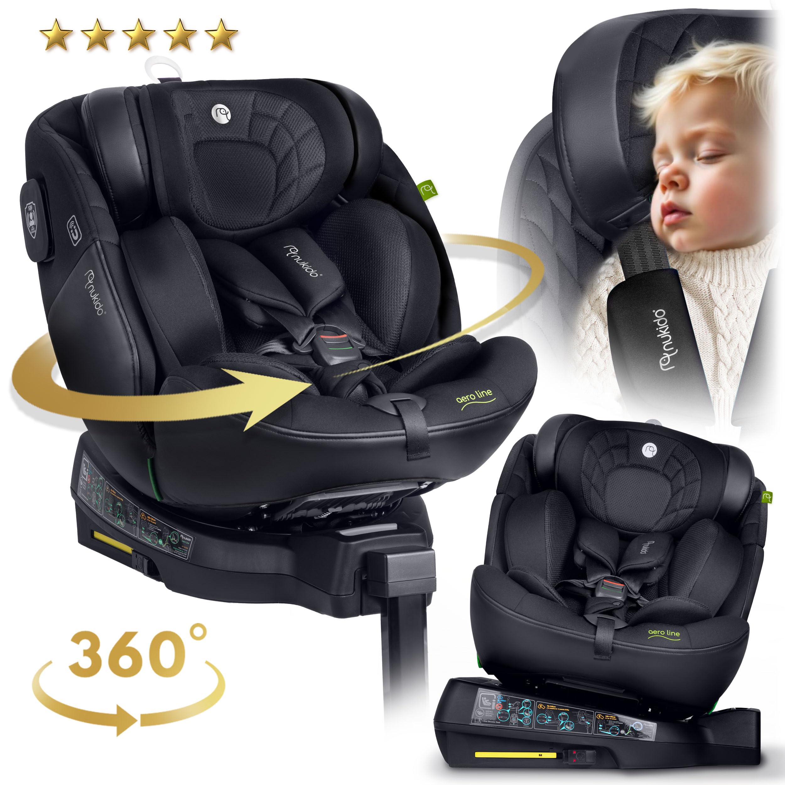 Nukido Kindersitz 360 Drehbar Autositz Kinder Kinderautositz i-Size ISOFIX 5 Punkt Sicherheitsgurt 0-12 Jahre Bis 36 kg Schwarz Aero Line