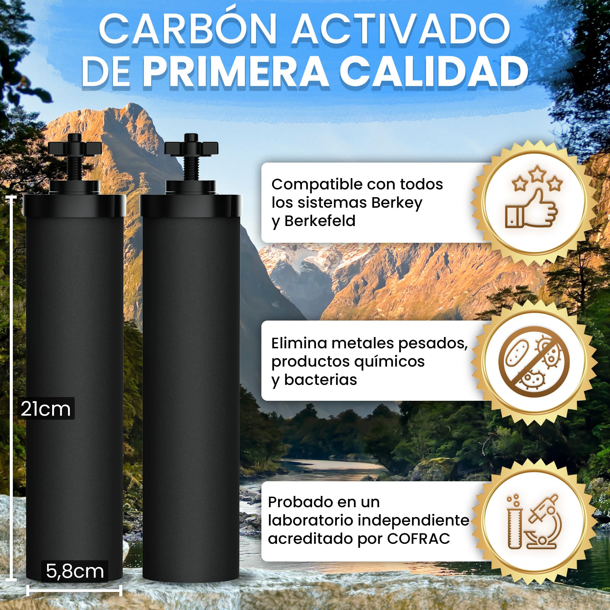 Filtro de Agua por Gravedad - Purificador de Agua Doméstico de Acero Inoxidable con Filtro de Carbón Activo - Sistema de Filtración para Agua Potable Pura - Ideal para Hogar y Camping