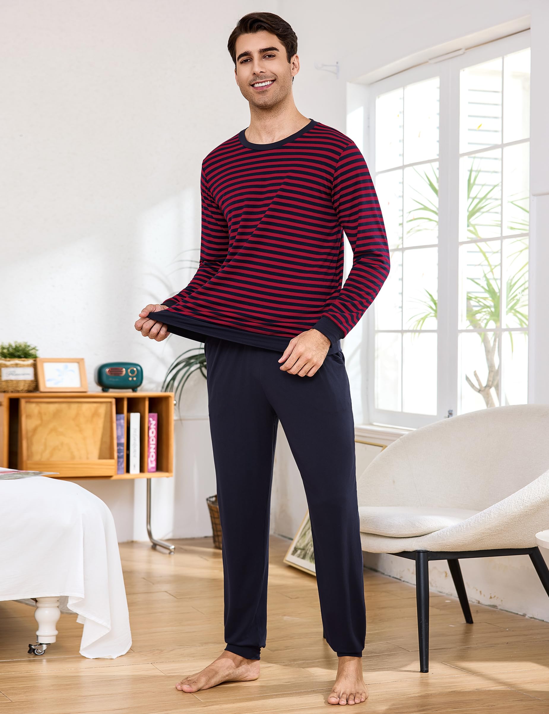 Bresdk Pijama Hombre Invierno Algodon Manga Larga Conjunto de Pijama a Rayas Dos Piezas Pijamas Largos Cuello Redondo S-3XL