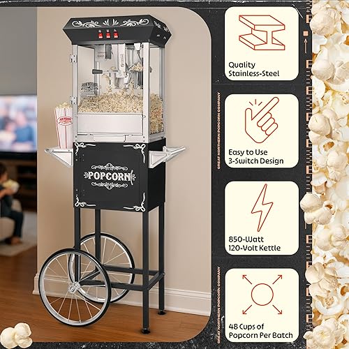 Miniatura 2 de Máquina de palomitas de maíz de base con carro, 8 onzas con hervidor de acero inoxidable, luz de calentamiento y accesorios, color negro