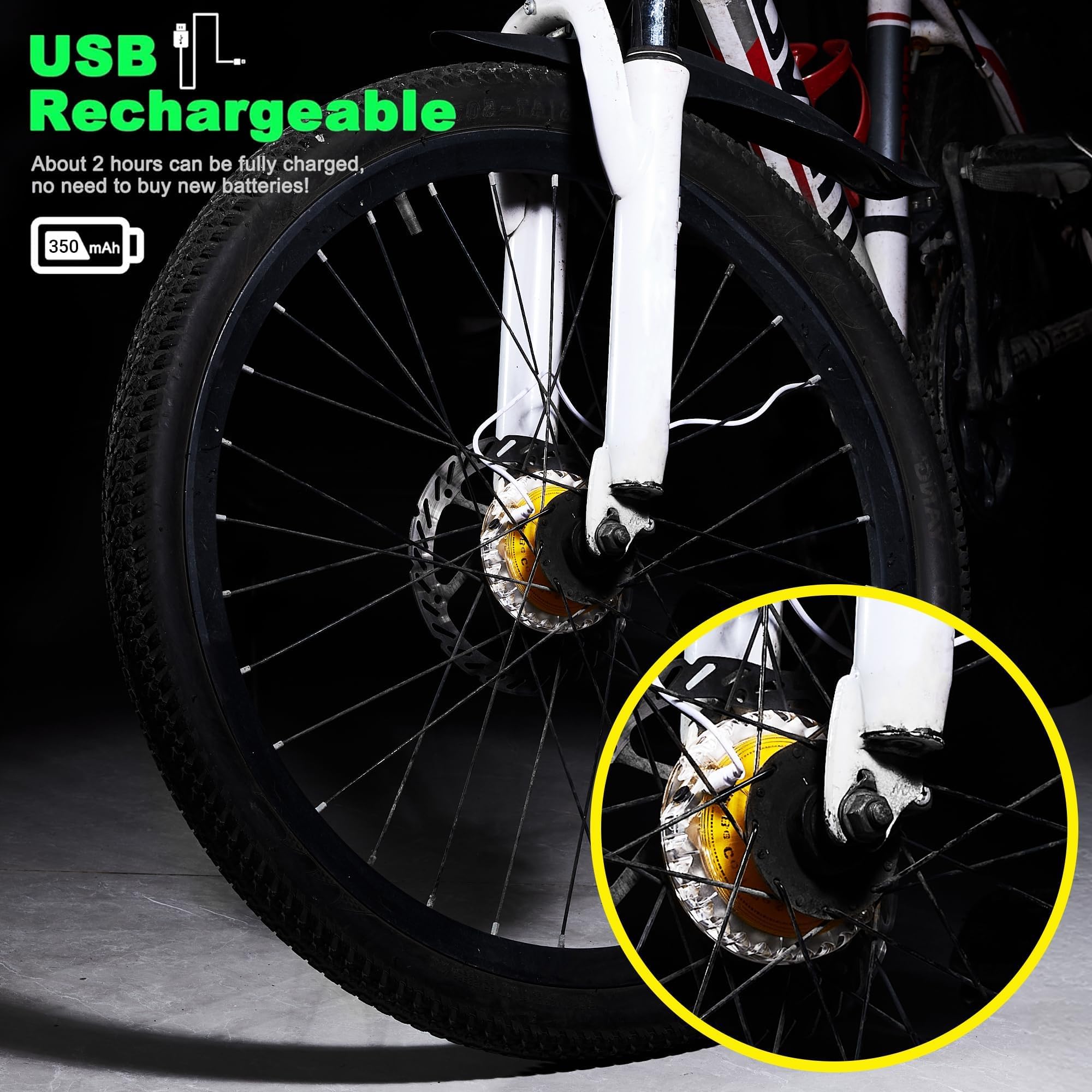 DAWAY A16 Plus Lot de 2 lumières LED rechargeables par USB pour roue de vélo avec détecteur de mouvement et modes disco – Lumières lumineuses étanches pour enfants, adolescents et adultes (convient