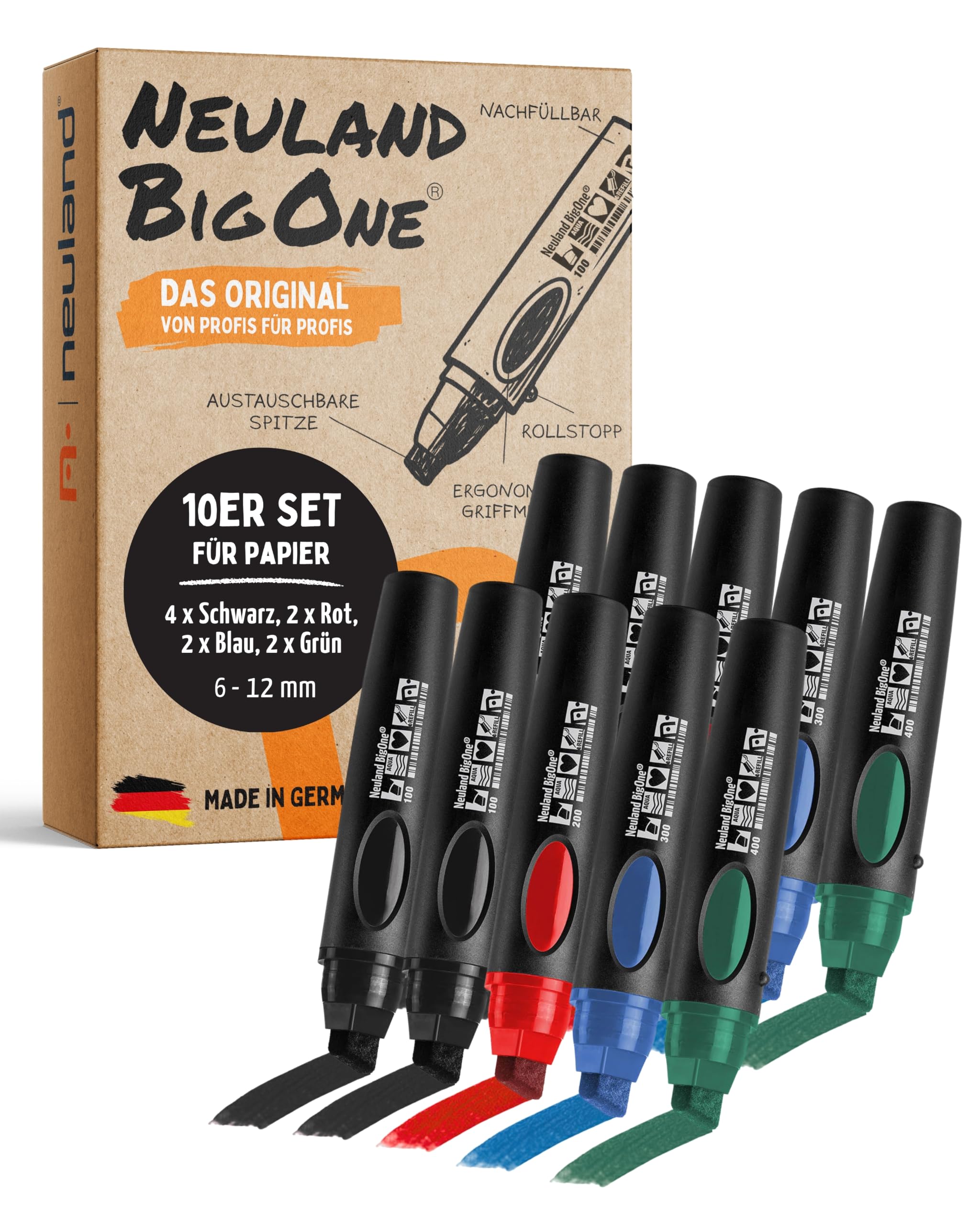 Neuland BigOne® 10er-Set Basic Tones 1 I Große Moderationsmarker mit Keilspitze 6-12 mm I Farbset mit 4x Schwarz 2x Rot 2x Blau 2x Grün I XXL wiederbefüllbare Präsentationsstifte für Flipchart