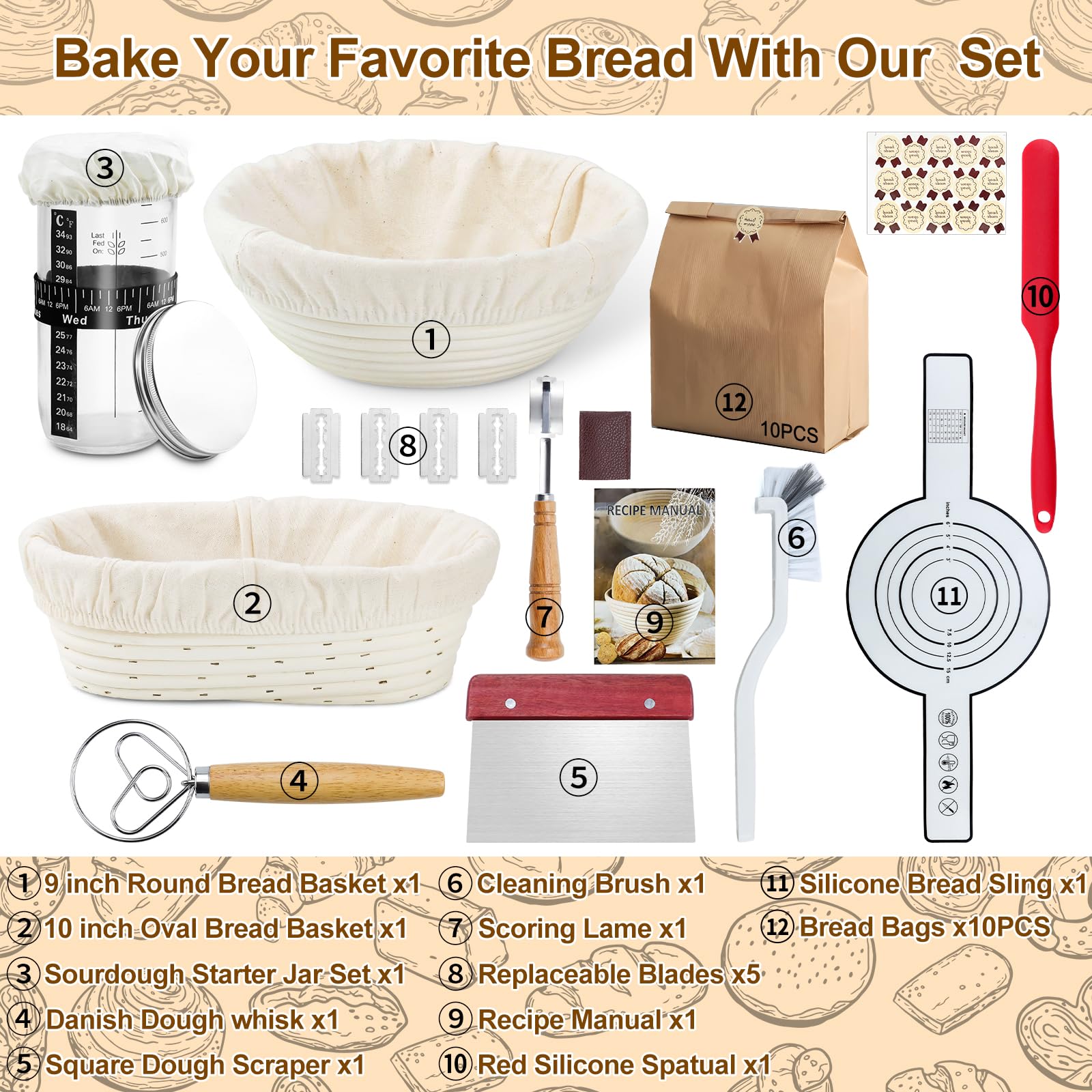 Lot de 12 Kit Complet de Levain avec 2 Paniers de Pousse | Comprend 2 Paniers Ovale 25cm et Rond 23cm, Toile Silicone, Pot à Levain, Mélangeur à Pâte, Raclette, Corne