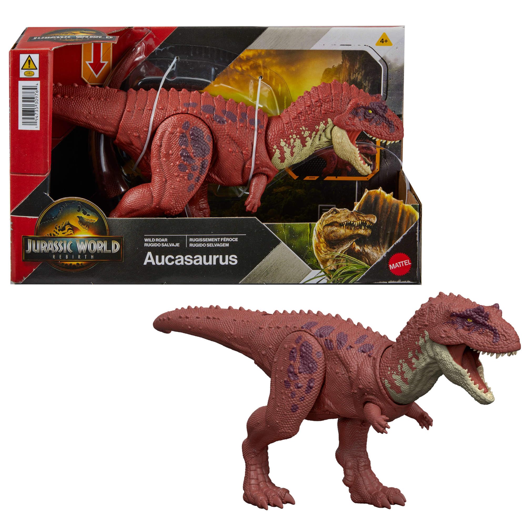 Mattel Jurassic World: El Renacer, Rugido salvaje Aucasaurio Juguete de dinosaurio, aucasaurio con ataque de mordisco en múltiples direcciones y sonido, controlados con la cola, juego digital, JGB88