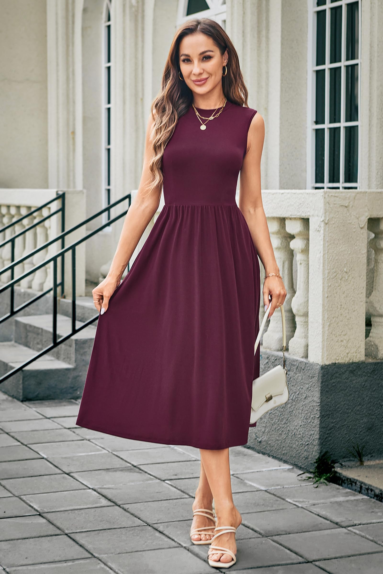 Newshows Abiti Estivi da Donna Senza Maniche Collo a Giro Midi Elegante Casual Formale Lavoro Ufficio Sundress con Tasche