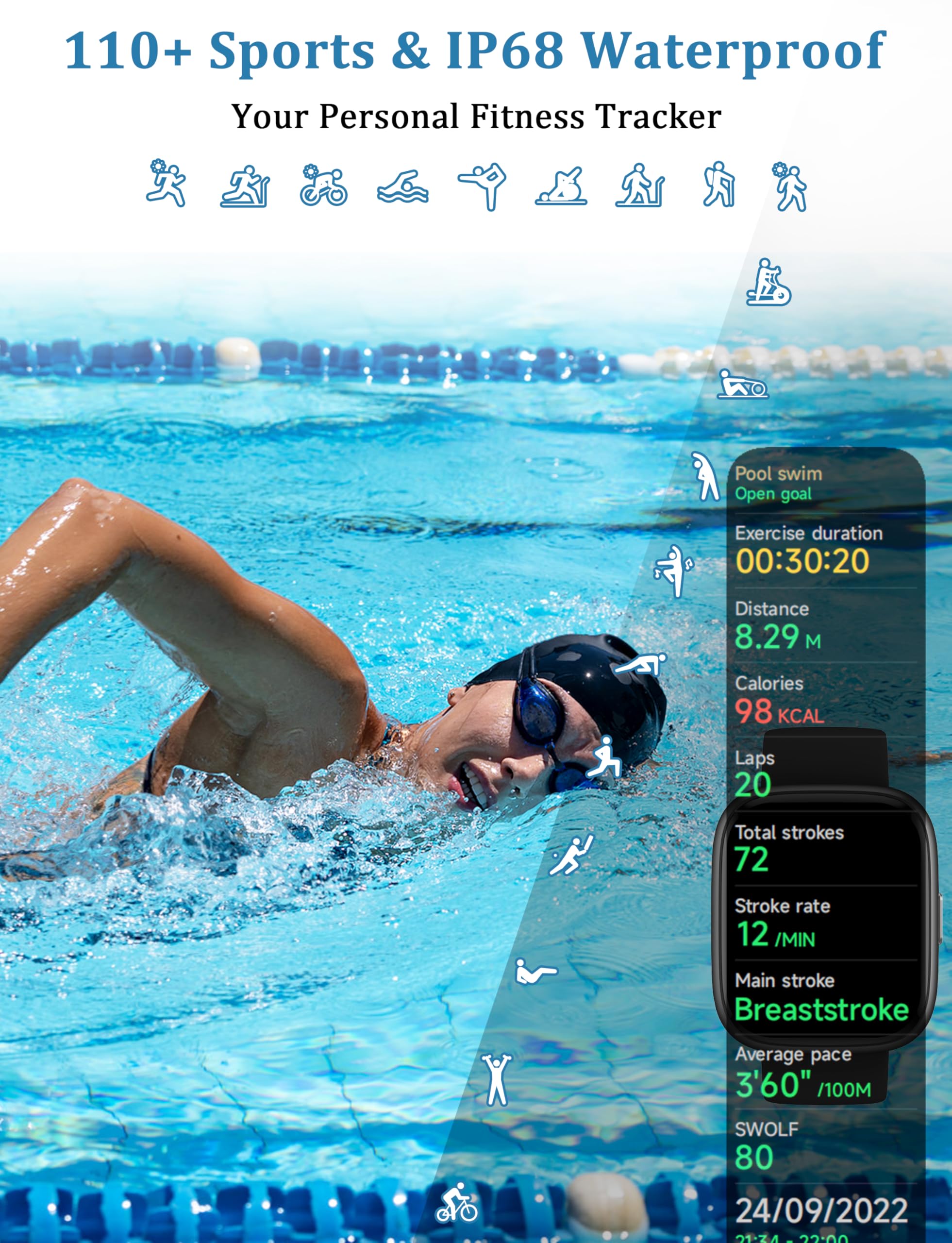LODIMEKE Smartwatch z połączeniami Bluetooth, wodoszczelność IP68, smartwatch 1,83", dla kobiet i mężczyzn, 100+ sportowych, tętno, SpO2, ciśnienie, sen, tracker fitness, dla systemu Android iOS