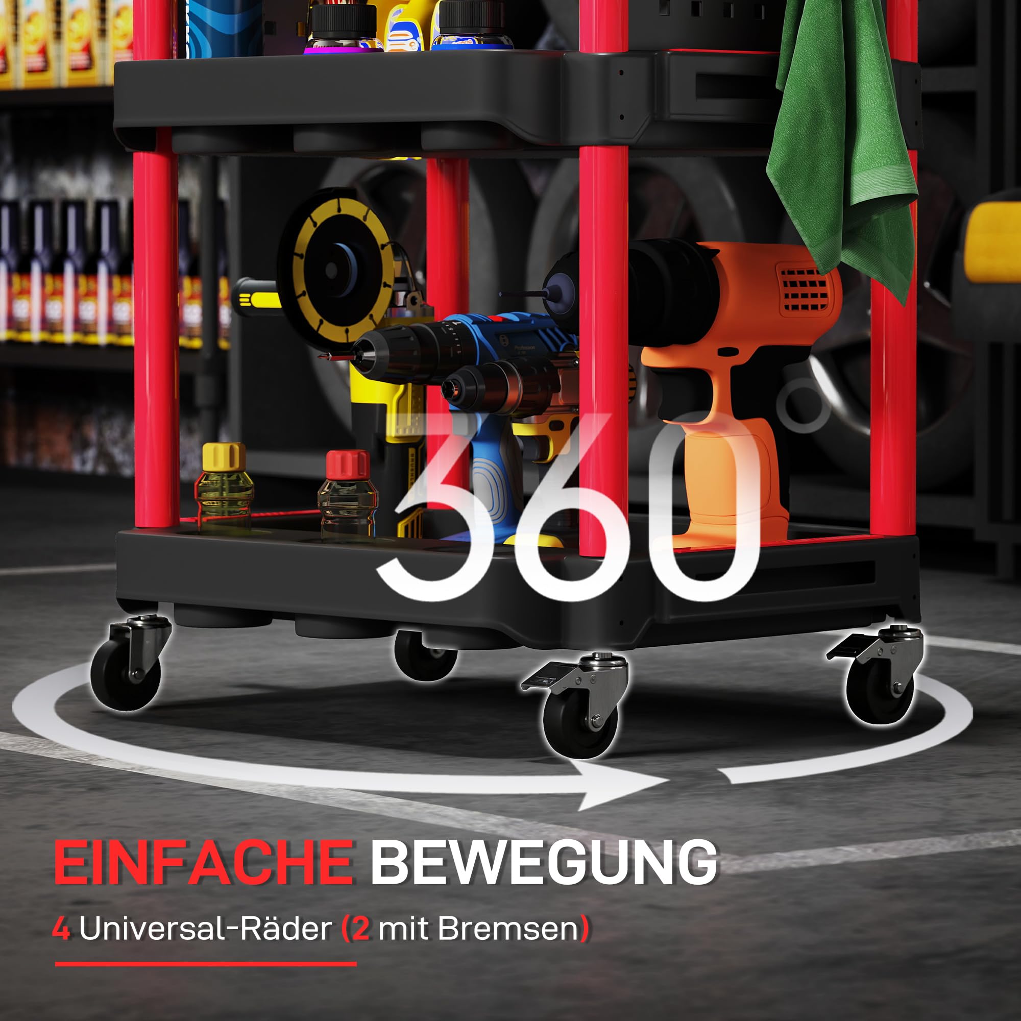 HOMCOM Werkstatt-Rollwagen mit 3 Etagen, Seitenlochregalen, Werkzeugwagen mit 10 Haken, Hakenlöchern Werkstattwagen für Werkzeug für Garage, Lagerhaus, max. 91 kg Belastbar, Schwarz