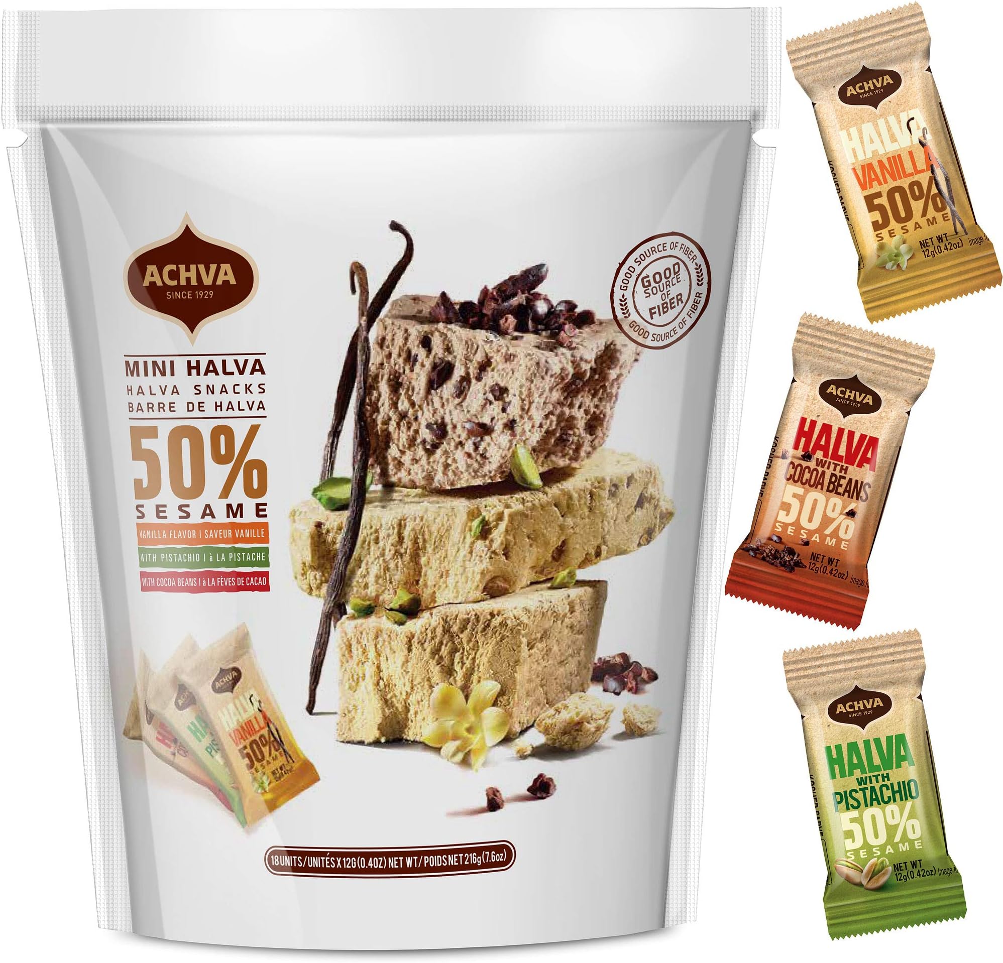 Halva Tahini Bar Mini Snacks – Assortment of 18 Snack-Sized Halvah Pistachio, Vanilla, and Cocoa Bean Israeli Snacks – Vegan, Kosher Snacks with No Gluten or Lactose by Achva, 12 g. Each