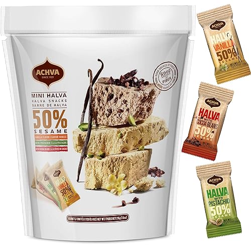 Halva Tahini Bar Mini Snacks – Assortment of 18 Snack-Sized Halvah Pistachio, Vanilla, and Cocoa Bean Israeli Snacks – Vegan, Kosher Snacks with No Gluten or Lactose by Achva, 12 g. Each - 7.61 Ounce (Pack of 18)