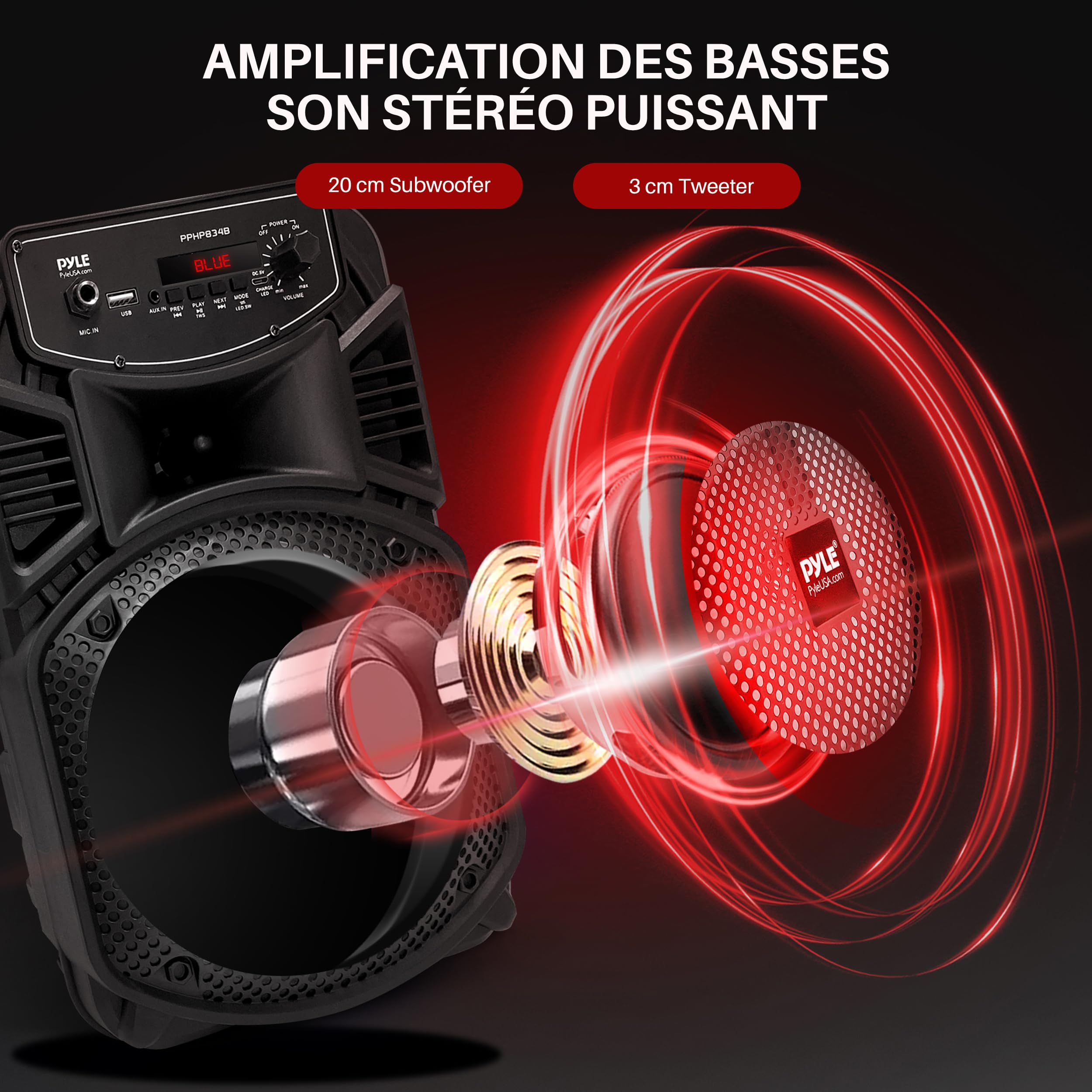 Pyle Enceinte Bluetooth Puissante -300W Enceinte Sono Portable Extérieure/Intérieur Rechargeable avec Caisson de Basses, Tweeter, Entrée Microphone, lumières de fête, MP3/USB, Radio, télécommande