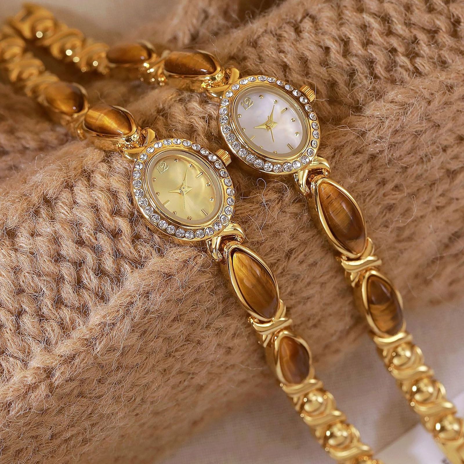 Reloj de Cuarzo con Esfera Ovalada y Piedra de Ojo de Tigre Natural, Paquete de 2, Reloj de Pulsera Resistente al Agua, Regalo de Moda for Novia y Esposa. Reloj de Pulsera