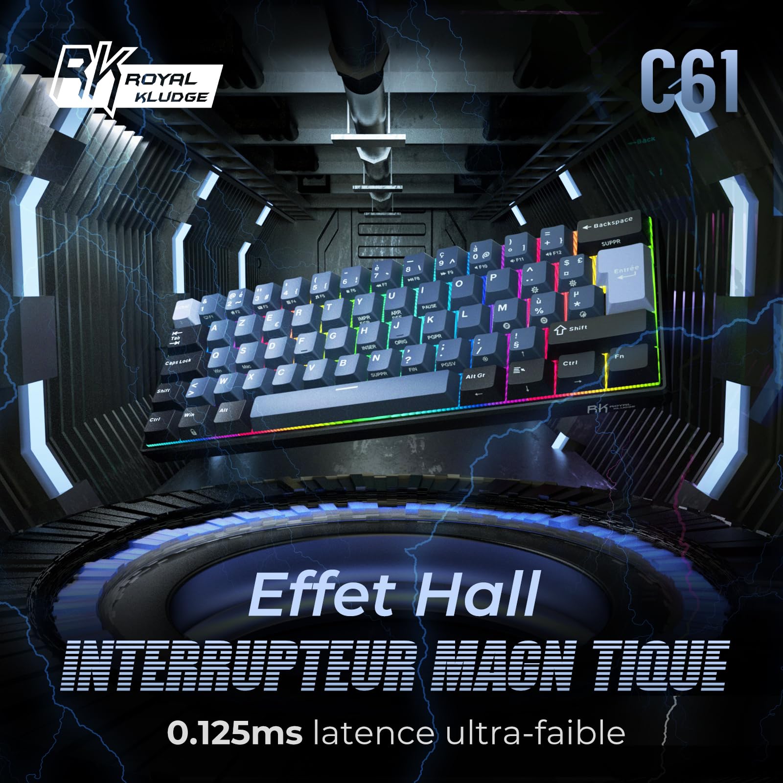 RK ROYAL KLUDGE C61 Clavier mecanique Filaire 60% avec Interrupteur Magnétique à Effet Hall, Rapid Trigger 0.01mm, Polling Rate 8000 Hz, RGB, Clavier AZERTY pour PC/Mac, Bleu