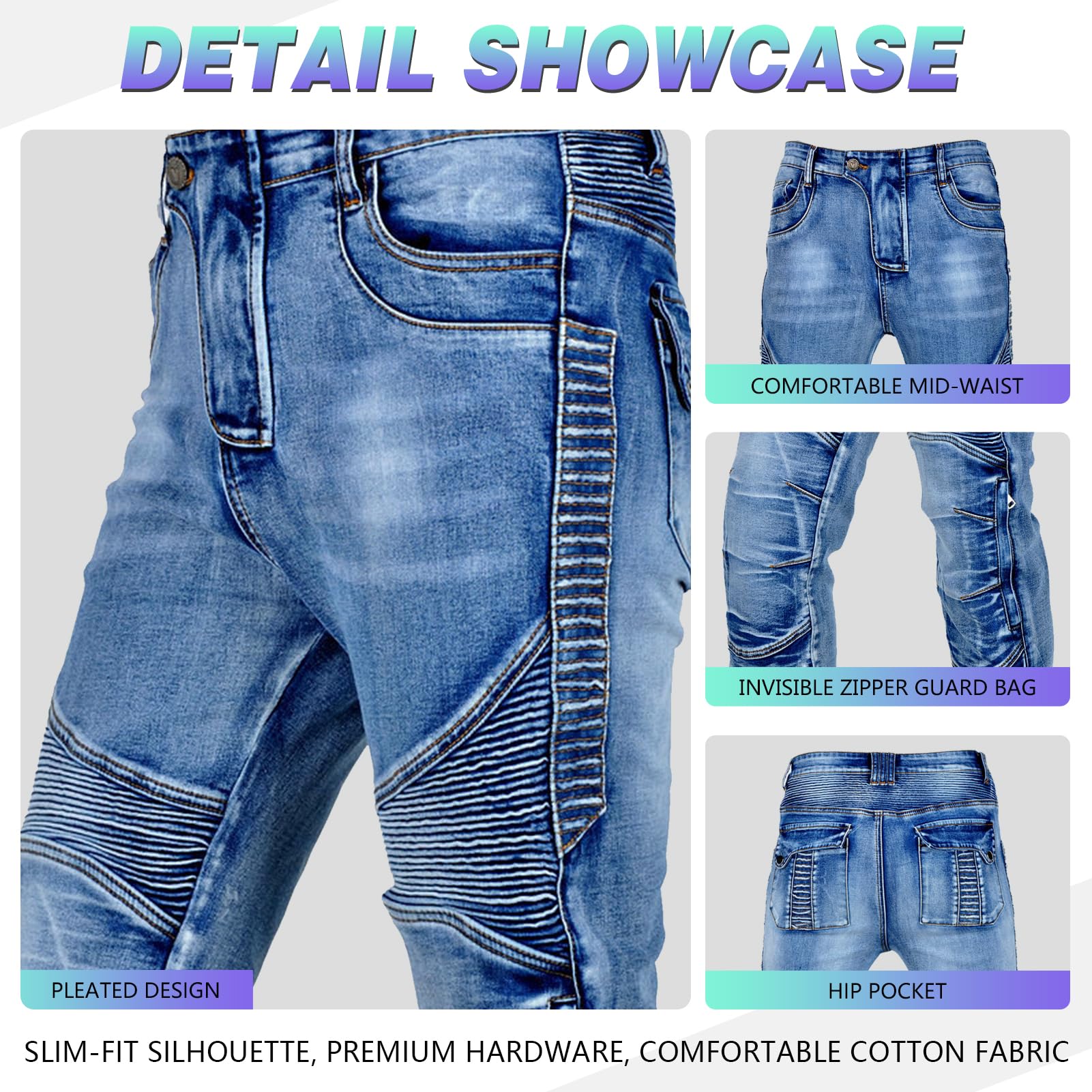 Pantaloni Moto Uomo/Donna con Protezioni, Jeans Moto Uomo/Donna Elasticizzati con Copertura Protettiva di Seconda Generazione, Marchio CE