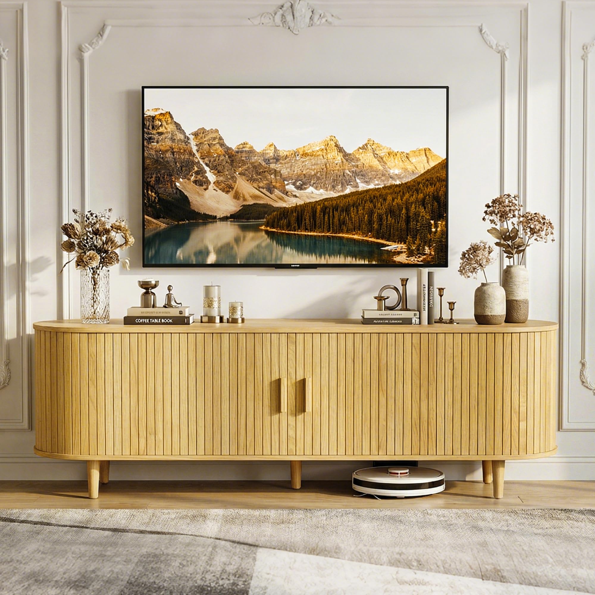 MXV 65" Mid-Century Modern TV Consoles with Sliding Doors, TV Stand with Power Outlet, Fluted Entertainment Center with Adjustable Shelves, for Living