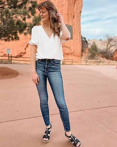 Miniatura 9 de GRAPENT Blusas casuales de negocios para mujer, blusas de trabajo, manga corta abombada, plisadas, cuello en V, blusa de verano de moda