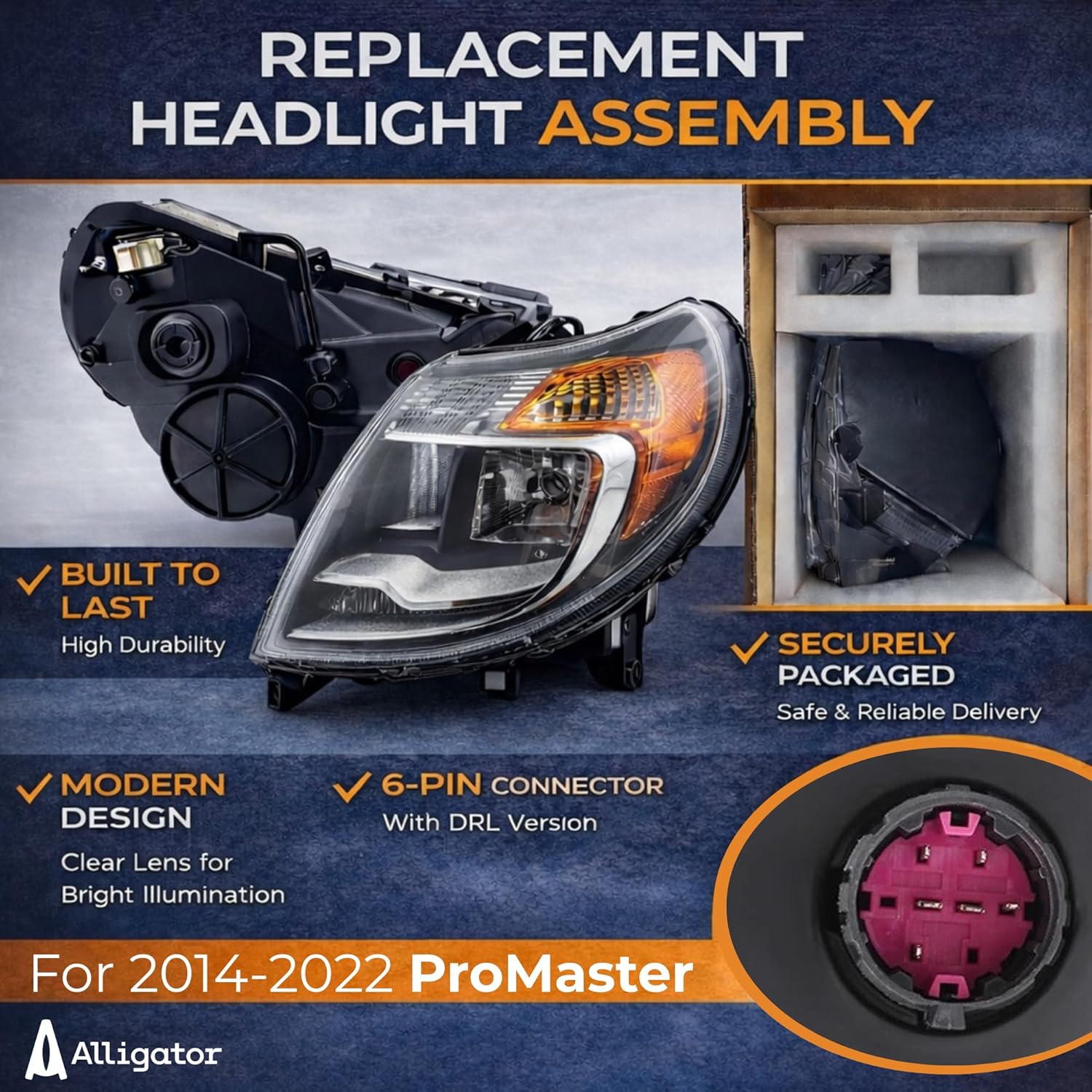 ALLIGATOR AUTO LIGHTS Headlight Assembly Replacement for Ram 2014-2022 ProMaster w/DRL & Bulbs for Left/Driver Side