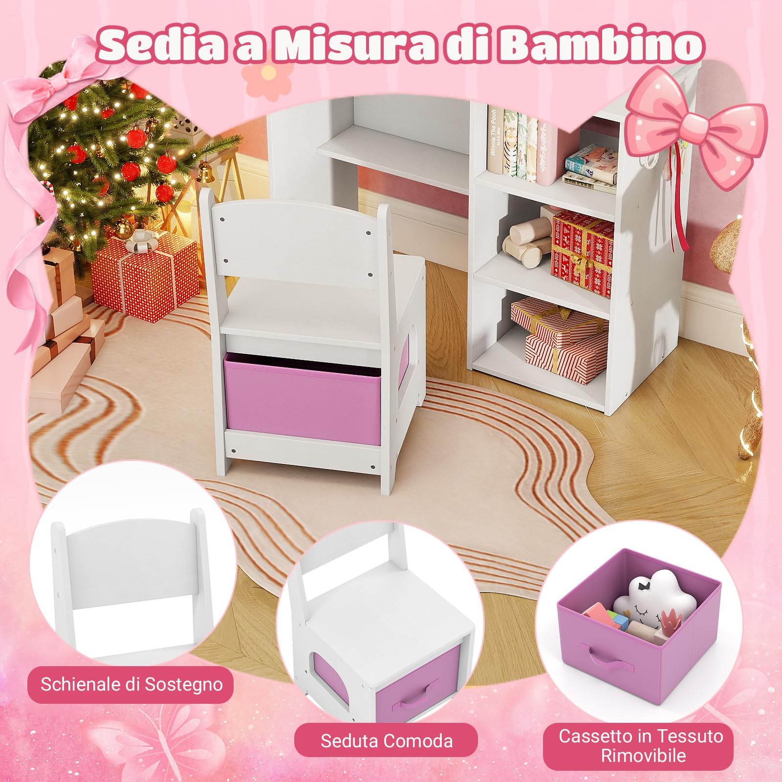 COSTWAY Toeletta Trucco per Bambina con Sgabello, Tavolo Trucco in Legno con Specchio Luci LED, Ripiani Aperti, 3 Ganci e Cassetto, Set Mobile da Principessa con 5 Giocattoli per 3+ Anni (Bianco)