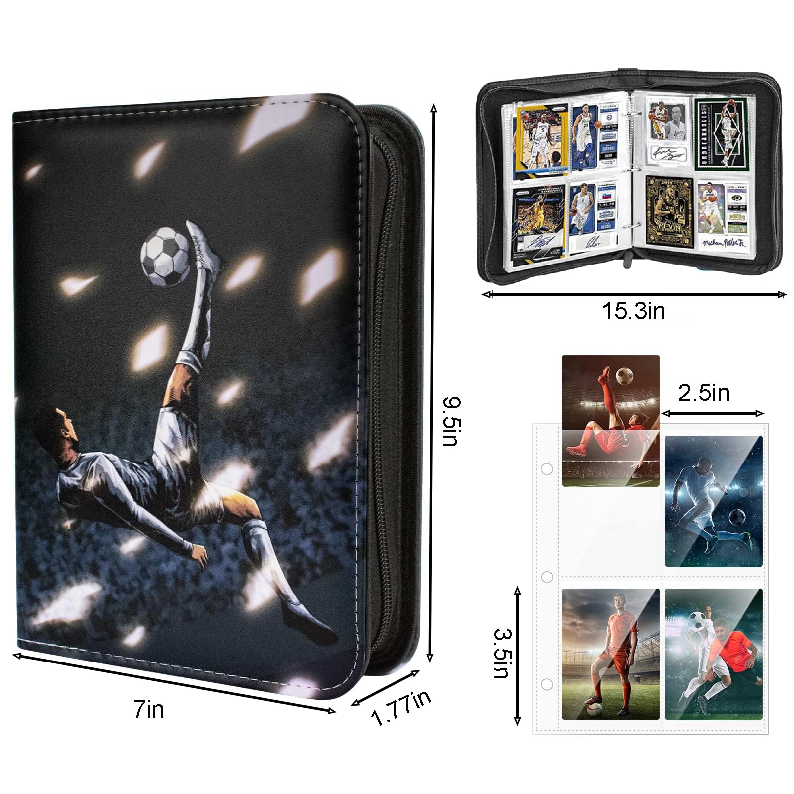 Football Binder,4 Card Binder,Card Album,Convenient Zip Binder,PU Leather Trading Card Binder for MTG Football Play Cards(400Pockets) - Image 2
