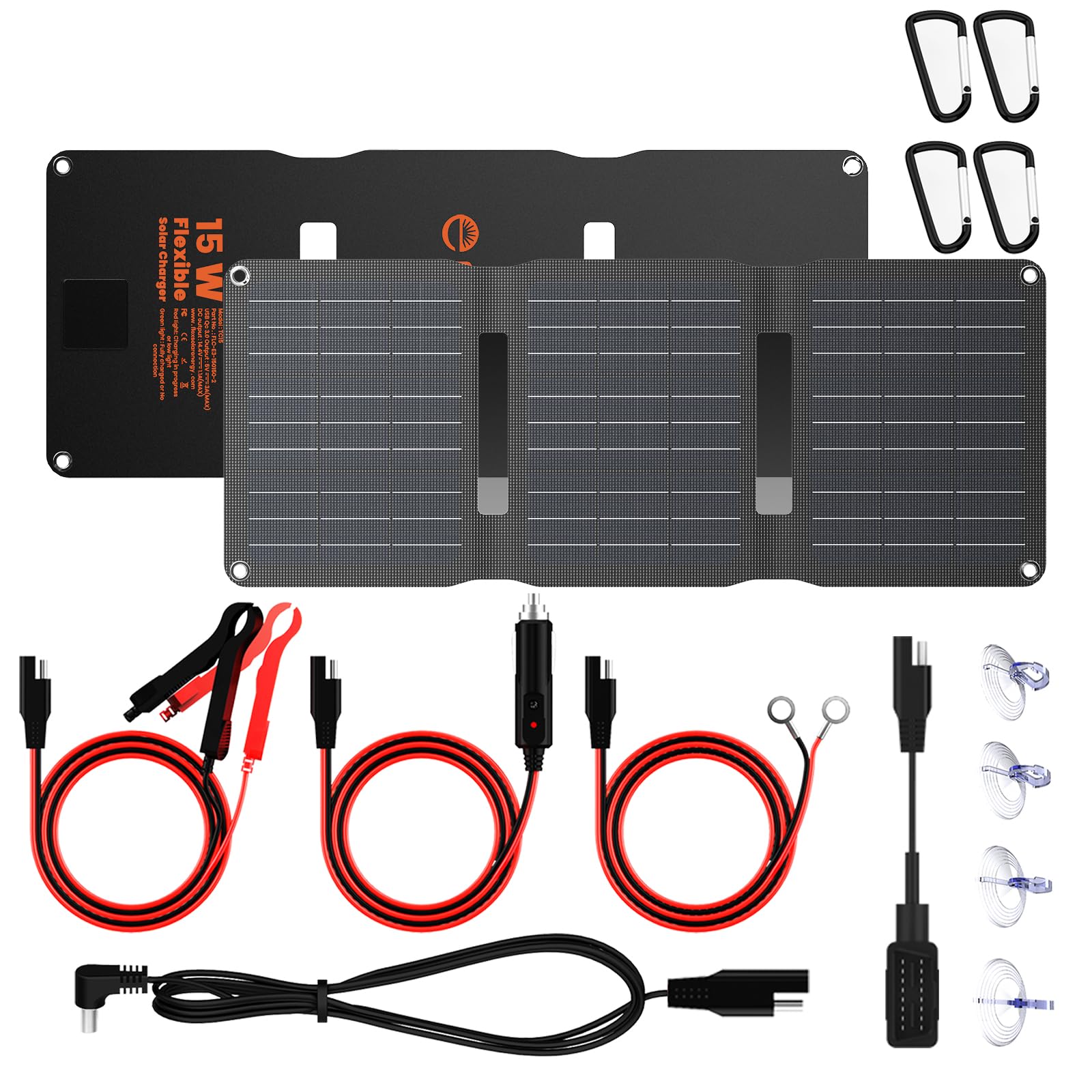 Flexsolar Pannello solare da 15 W, 12 V, pannello solare | IP67 impermeabile, con cavo USB DC SAE, per auto, barca, moto, rimorchio, ecc