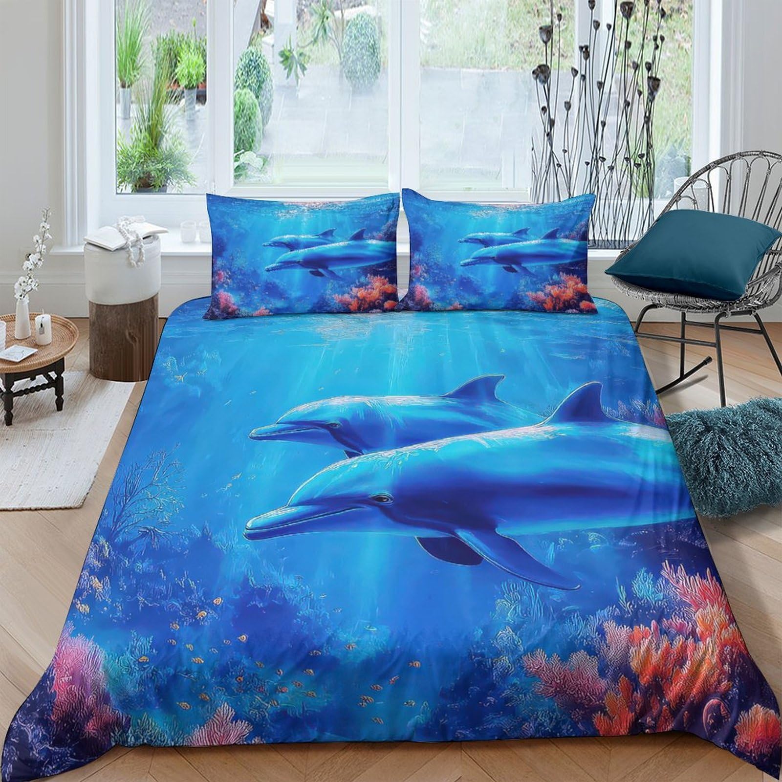 Ctjqhvkz Style-2 3D Printed Ocean Dolphin Fitted Sheet Microfiber Soft Coral Reef Bed Sheet For Bedroom Guest Room Protection Decor Single（135X200cm）