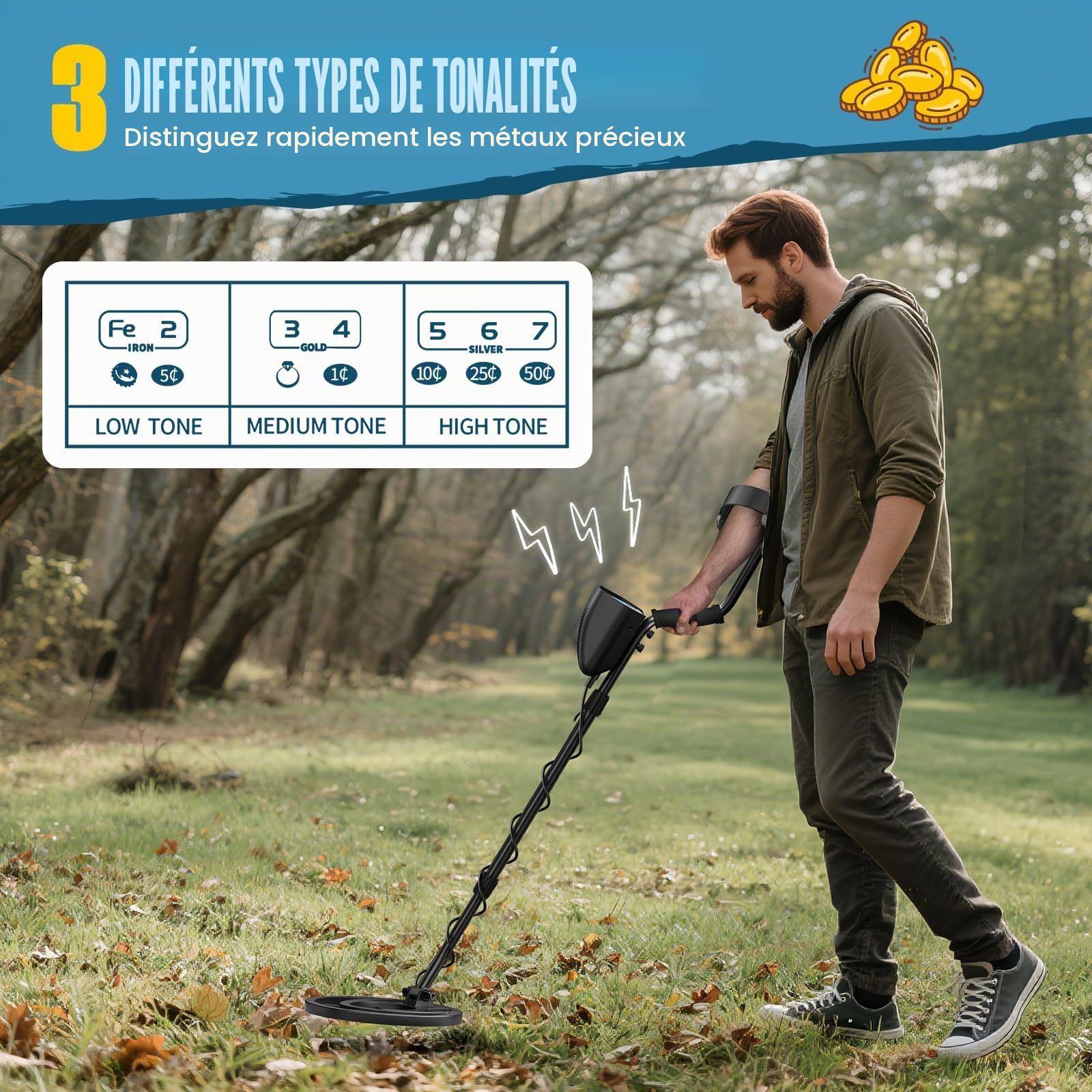 Détecteur de métaux professionnel avec 2 batteries rechargeables,3 modes Détecteurs de métaux pour adultes et enfants,longueur réglable (113-141 cm),détecteur de métaux rechargeable avec bobine (Bleu)