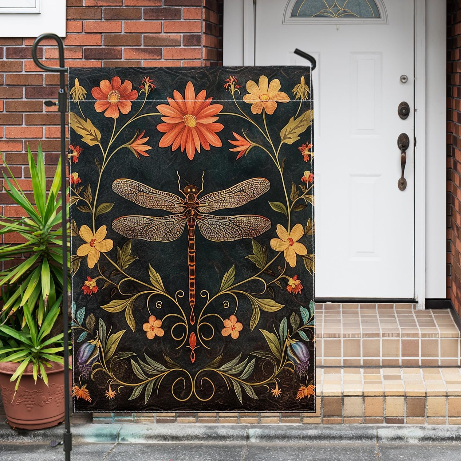 vintage dragonfly garden flag bohemian bug animal medieval flower botanical art print black linen for welcome porch yard flag decor for holiday lawn party double sided fins up flag 12x18inch - Image 3