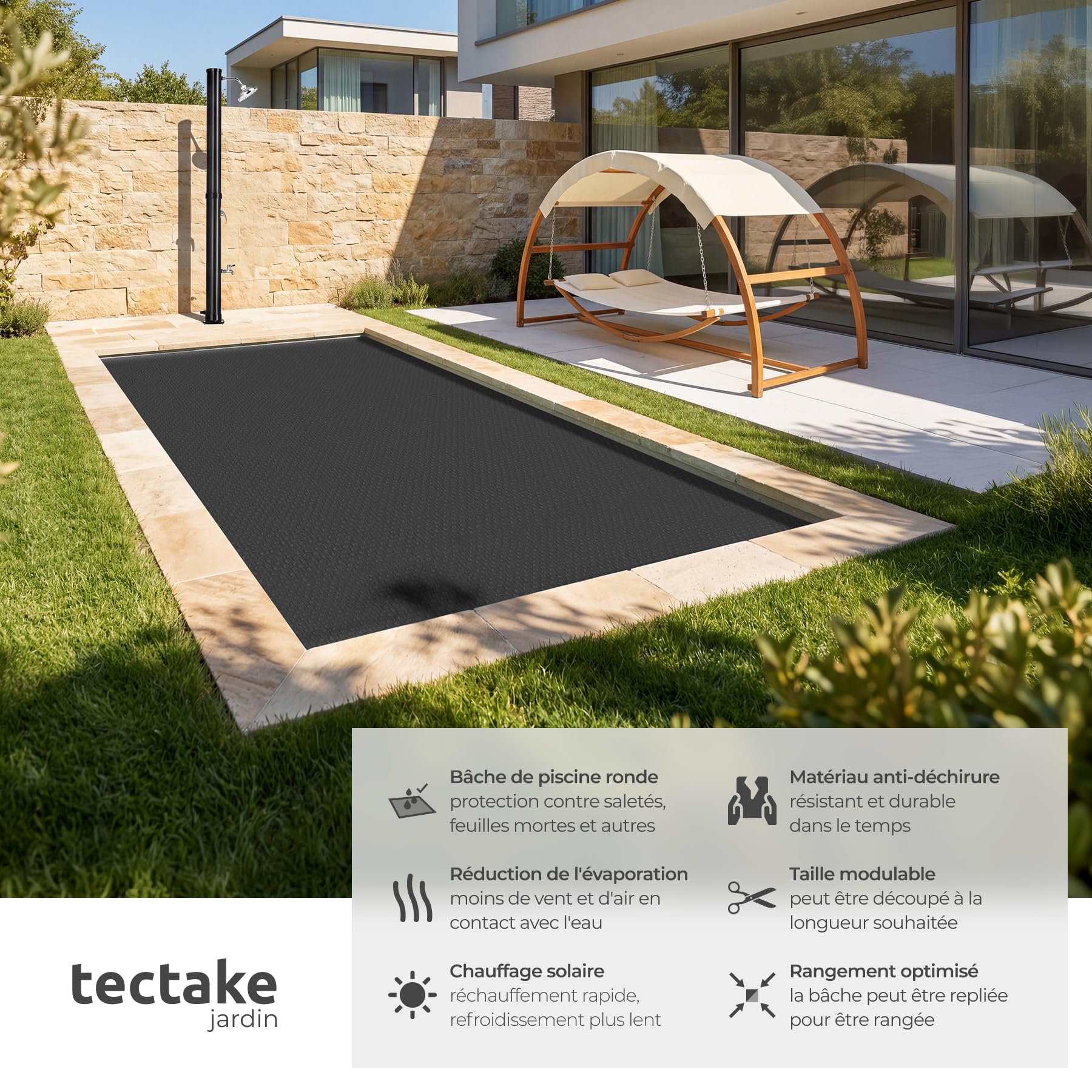 tectake® Bache a Bulle Piscine 1,6 x 2,6 m, Bache Piscine Adaptable à la Taille souhaitée, Bâche de Protection et Chauffage Solaire rectangulaire Piscines, Spa, Bassin, Faible évaporation de l'eau