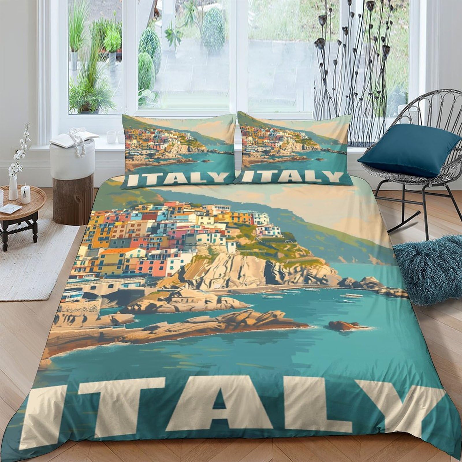 Ctjqhvkz Style-9 3D Printed Italy Coast Fitted Sheet Microfiber Soft Decorative Seaside Village Mattress Cover Bedroom Guestroom Single（135X200cm）