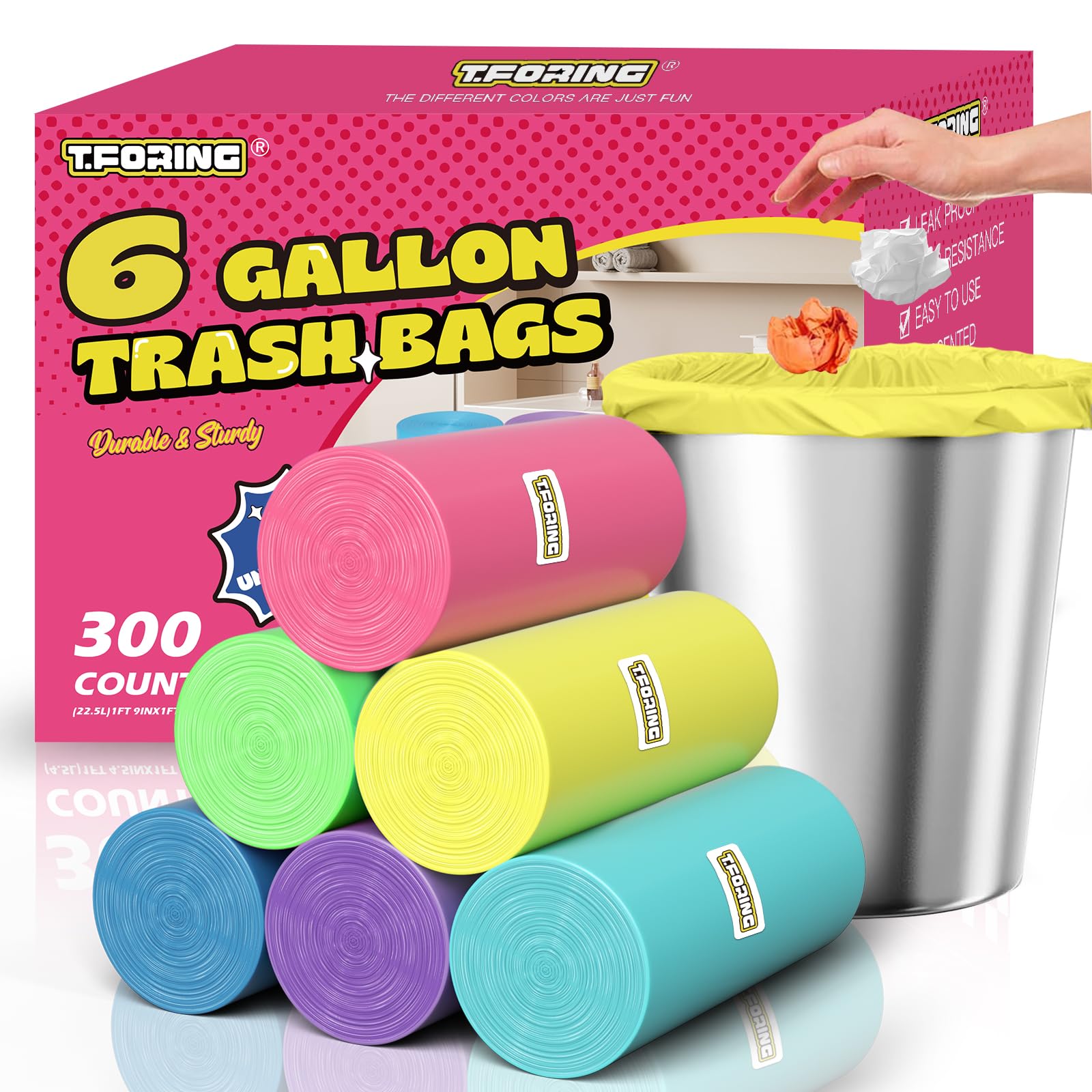 T.FORING 300 Count 6 Gallon Trash Bags - 22 Liter Colored Medium Garbage Bags Unscented 0.94 Mil Thick & Leakproof Wastebasket Liners for Kitchen