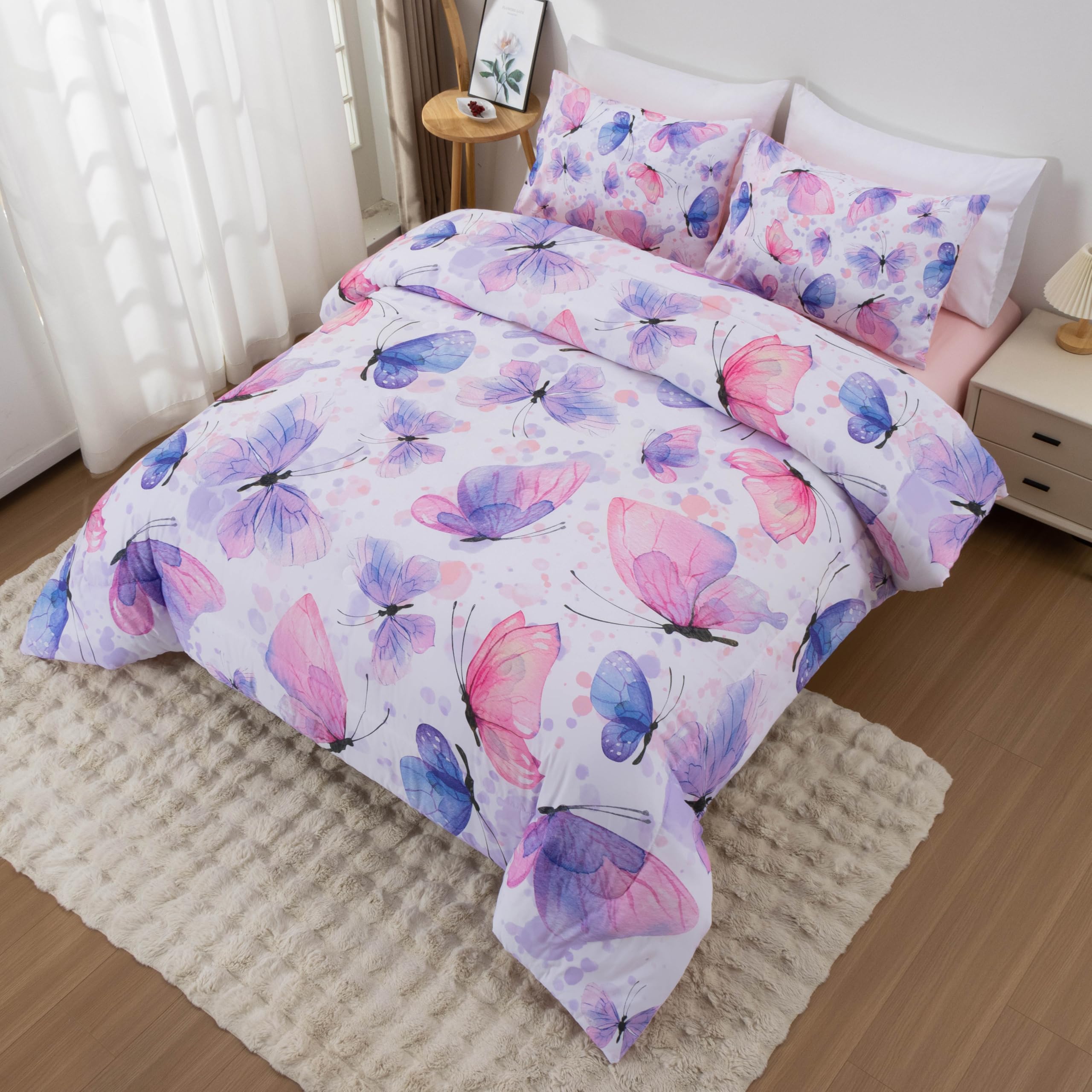 Btargot 3 Piece Butterfly Pattern Girls Comforter Set, Colorful Ink Stick Printing Bedding Set for Women, Purple Pink Twin